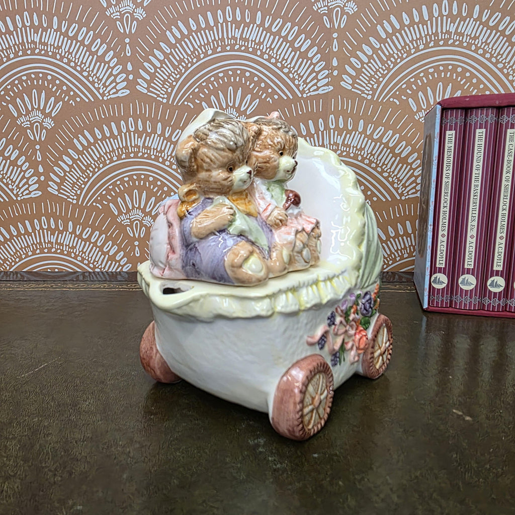 Vintage Baby Carriage Teapot Teddy Bear Ceramic Nursery Theme Collectible Novelty Kitchen Decor