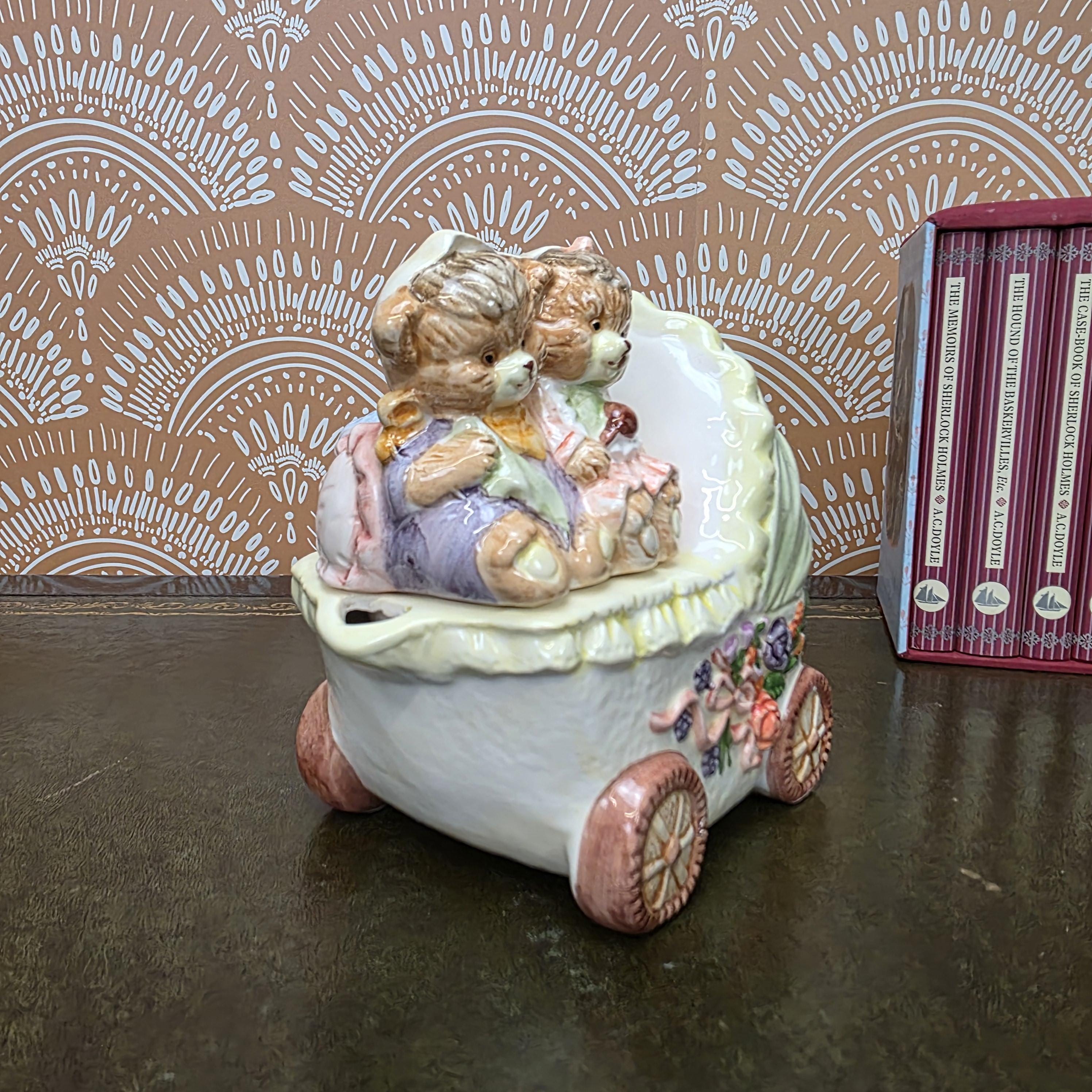 Vintage Baby Carriage Teapot Teddy Bear Ceramic Nursery Theme Collectible Novelty Kitchen Decor