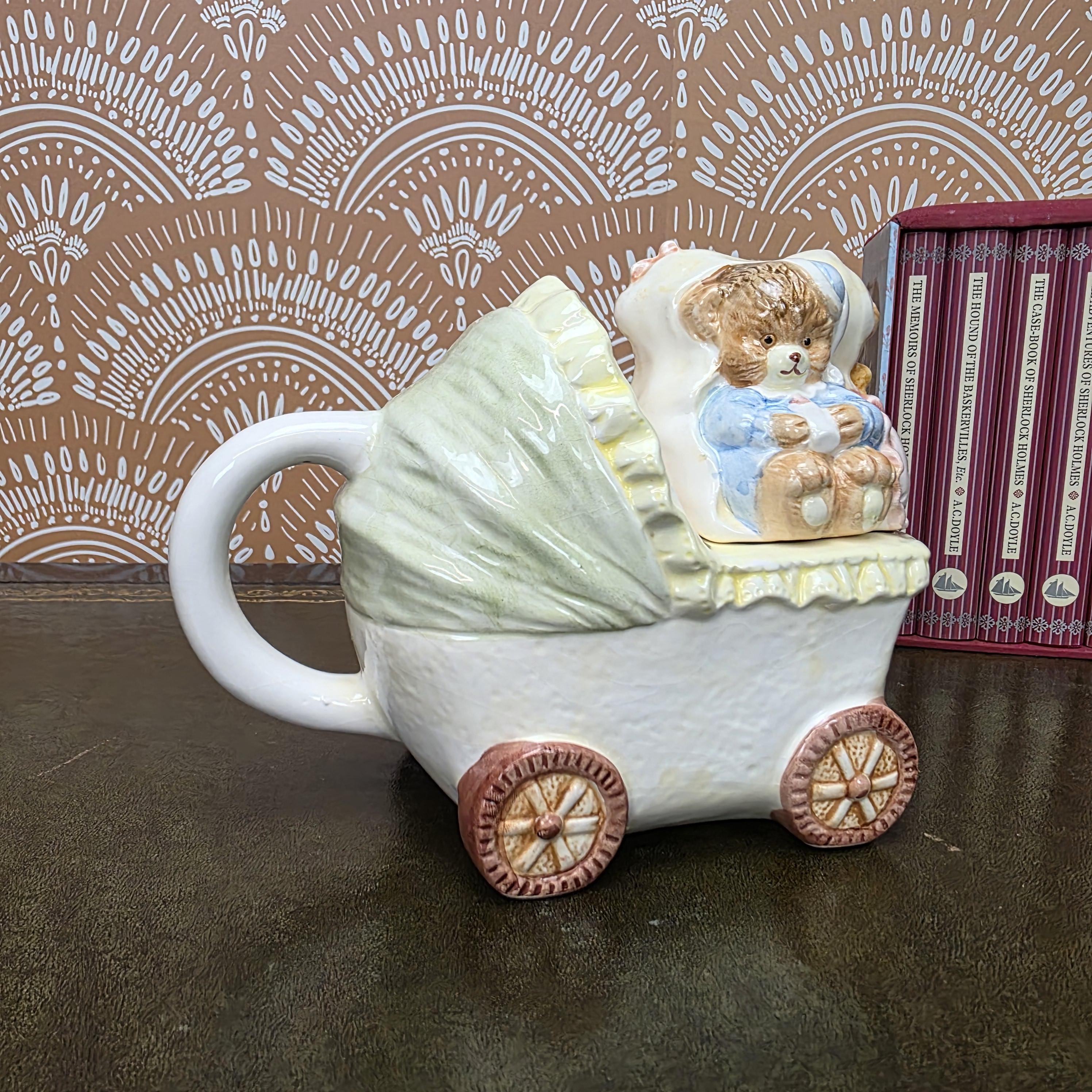 Vintage Baby Carriage Teapot Teddy Bear Ceramic Nursery Theme Collectible Novelty Kitchen Decor