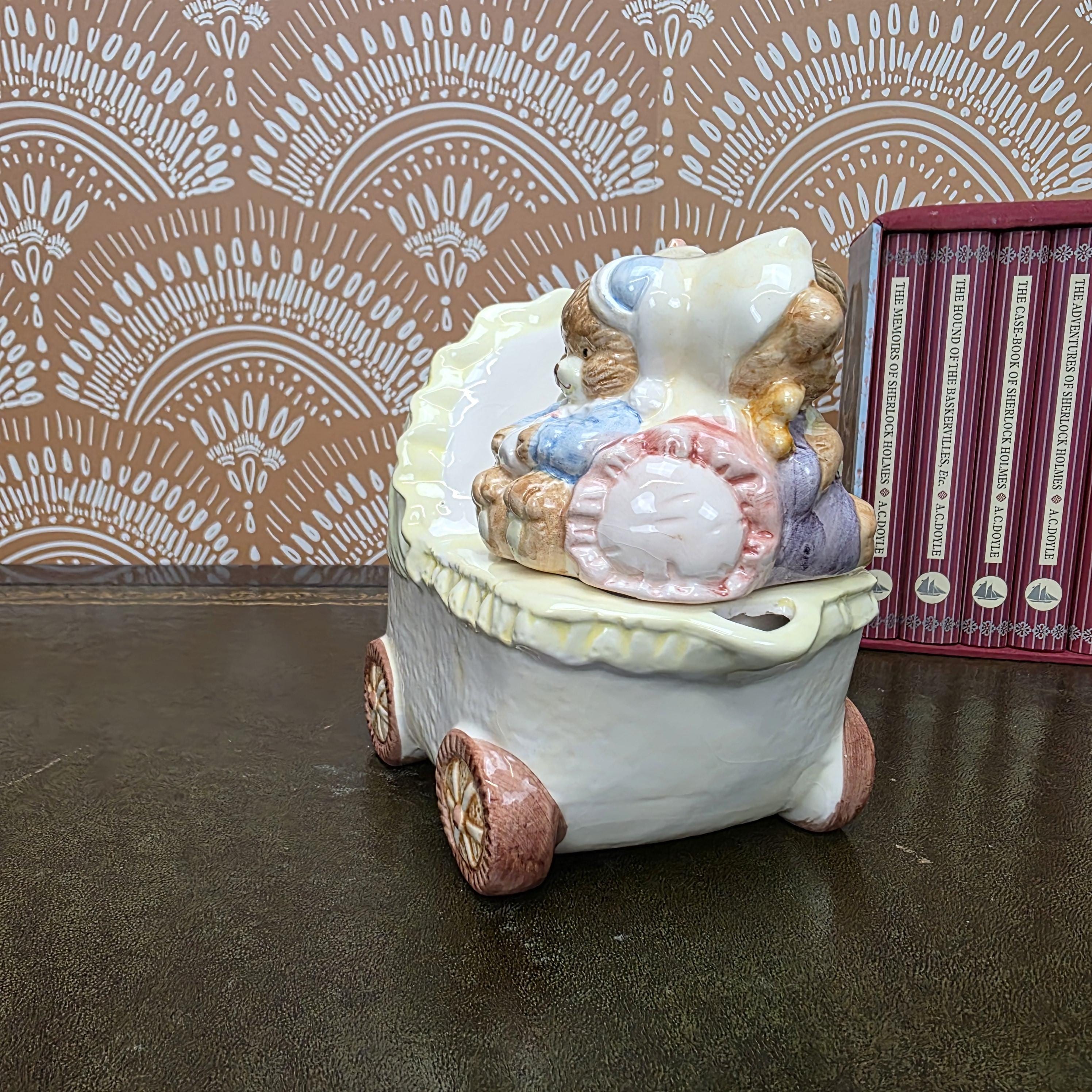Vintage Baby Carriage Teapot Teddy Bear Ceramic Nursery Theme Collectible Novelty Kitchen Decor