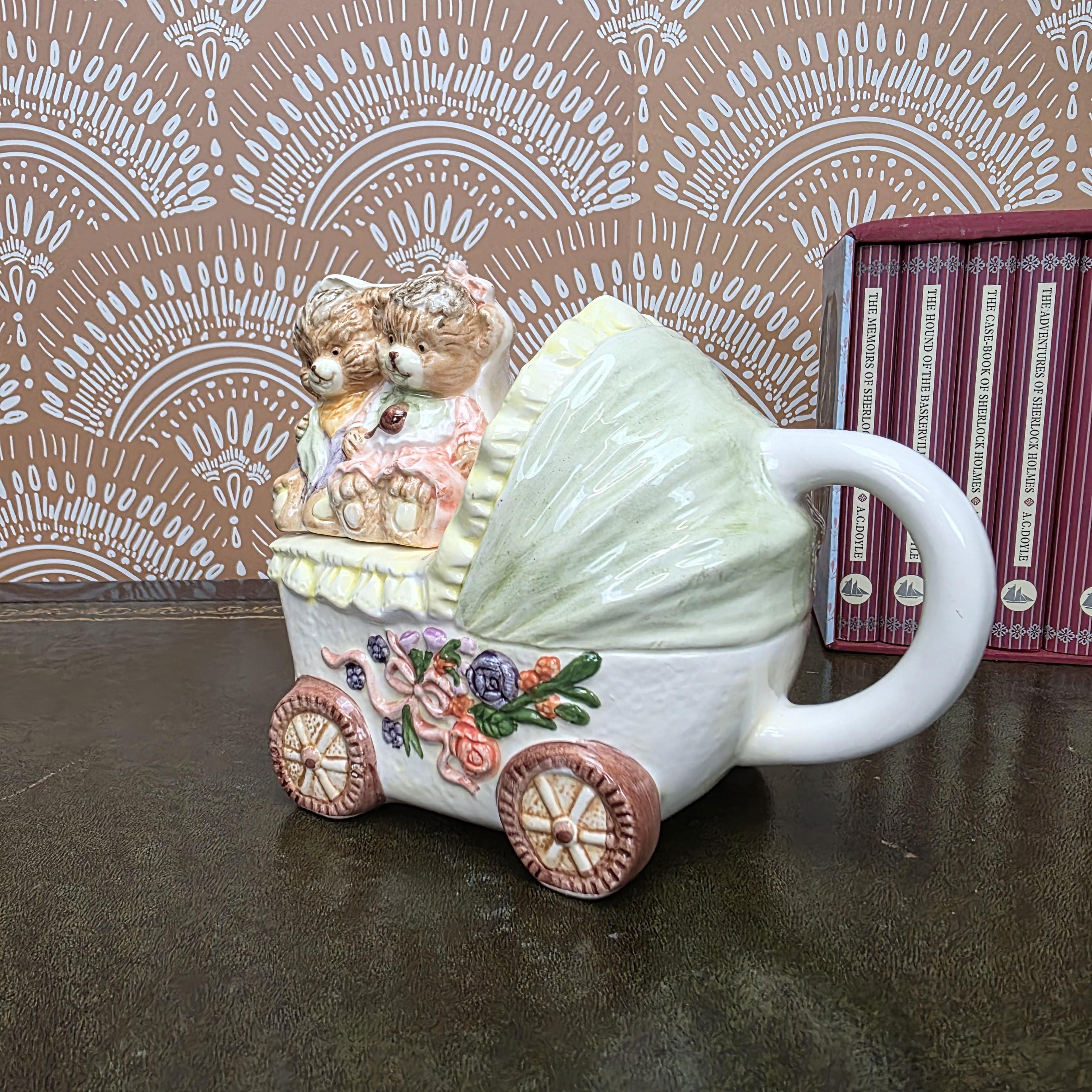 Vintage Baby Carriage Teapot Teddy Bear Ceramic Nursery Theme Collectible Novelty Kitchen Decor