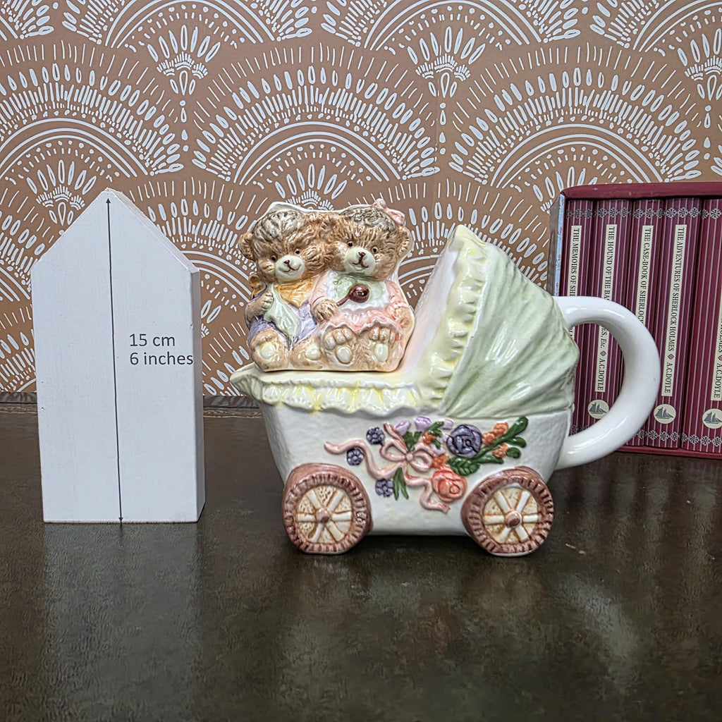 Vintage Baby Carriage Teapot Teddy Bear Ceramic Nursery Theme Collectible Novelty Kitchen Decor