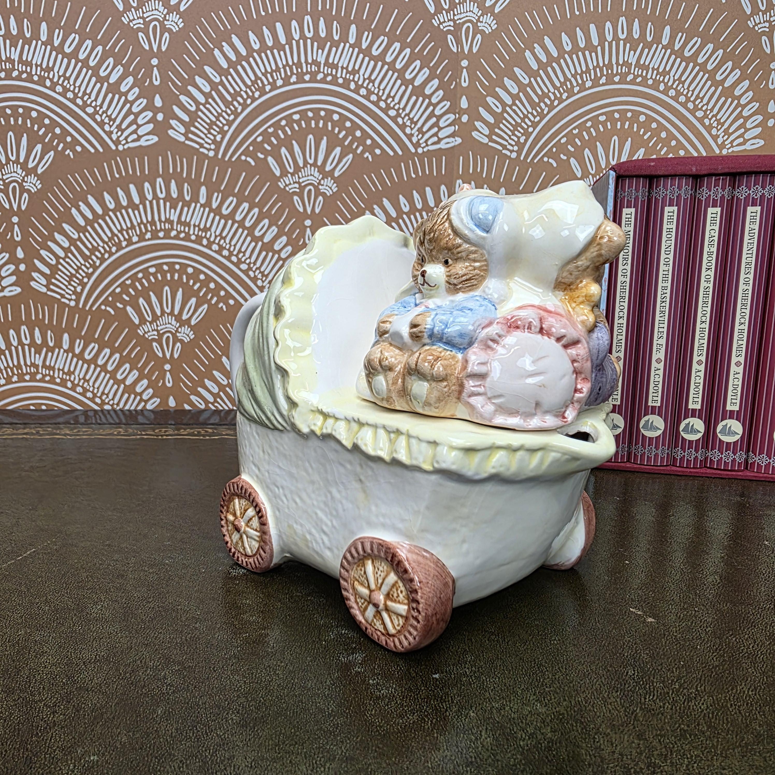 Vintage Baby Carriage Teapot Teddy Bear Ceramic Nursery Theme Collectible Novelty Kitchen Decor