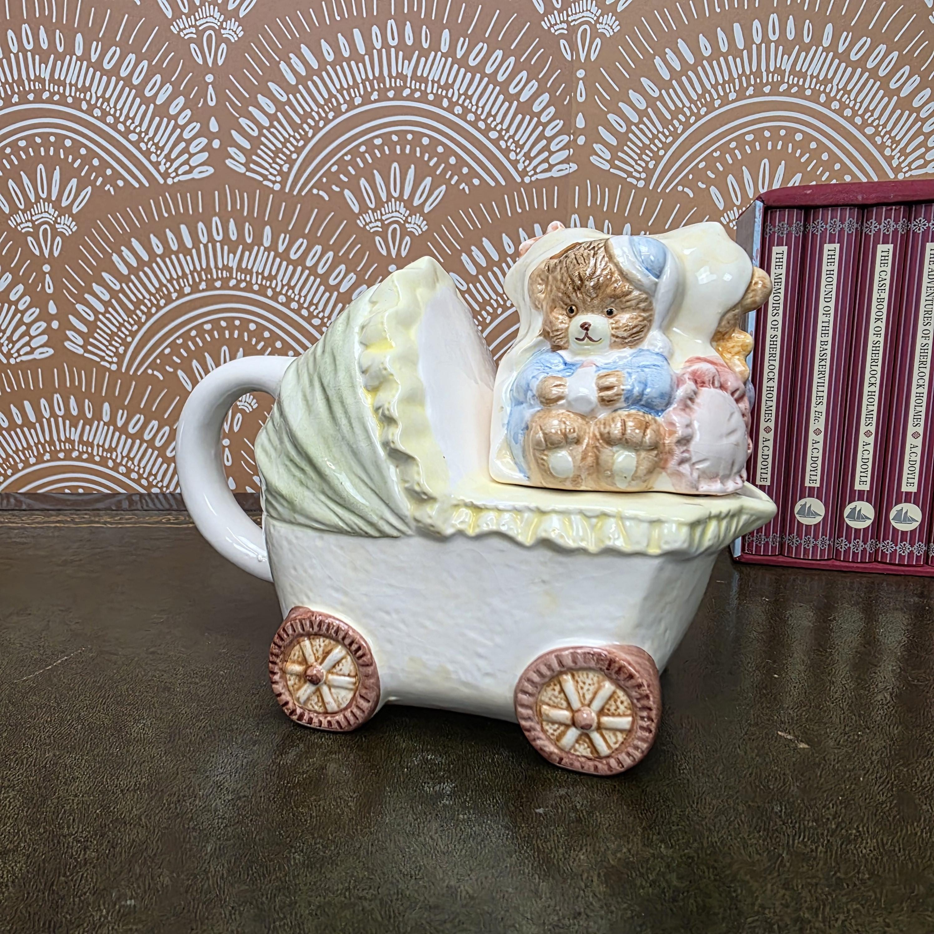 Vintage Baby Carriage Teapot Teddy Bear Ceramic Nursery Theme Collectible Novelty Kitchen Decor