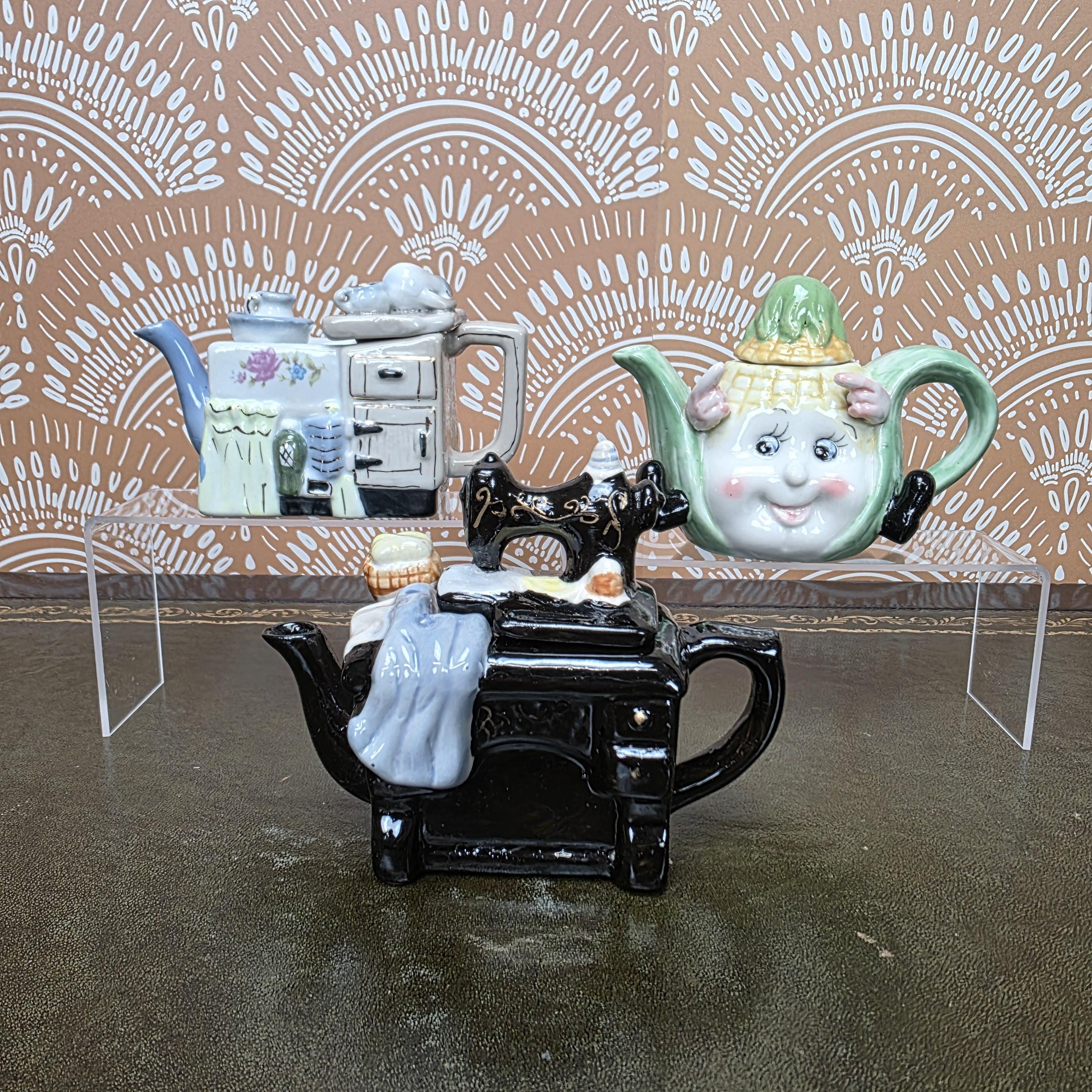 Ceramic Teapot Miniature Kitchen Design Collectors Piece Novelty Pottery Sewing Machine Cottage Corn Variants