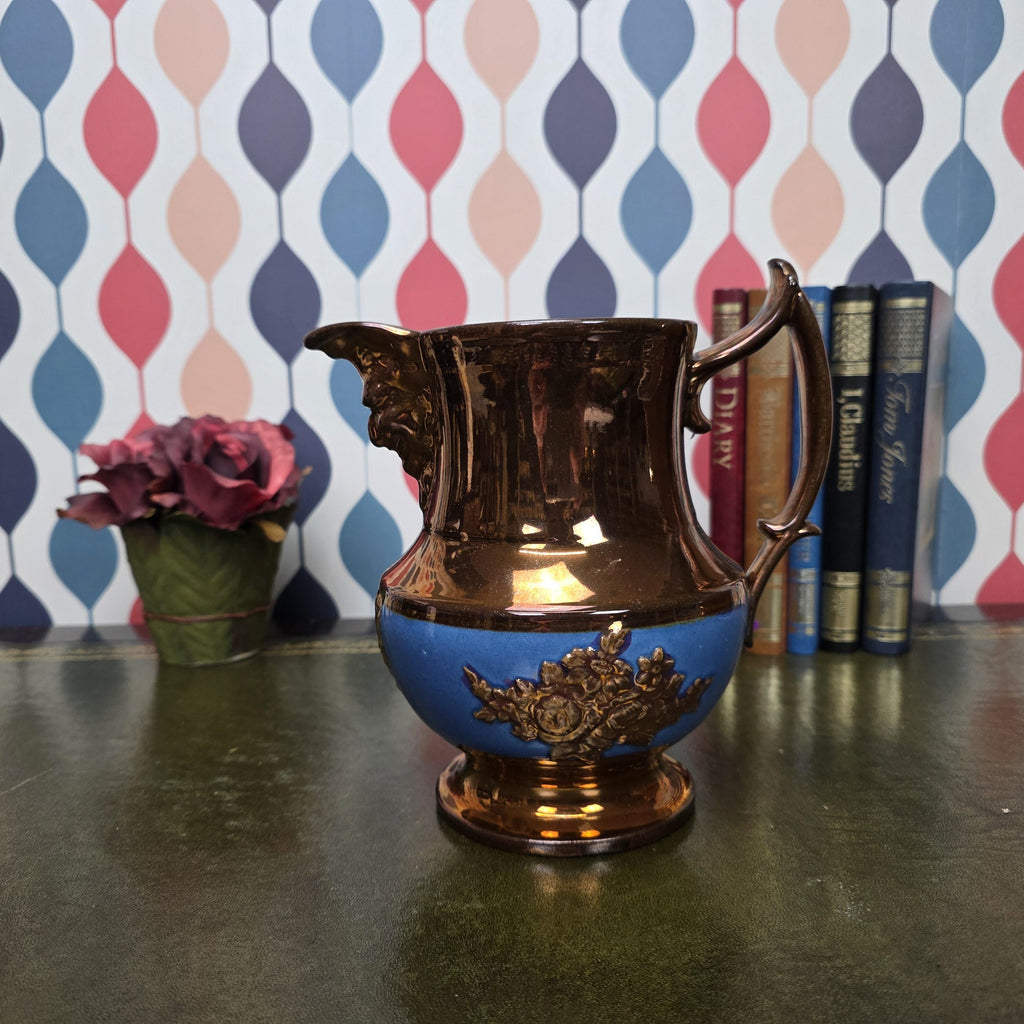 Vintage Ceramic Pitcher Bronze Glaze Relief Mask Spout Blue Band Decorative Jug Collectible Decor