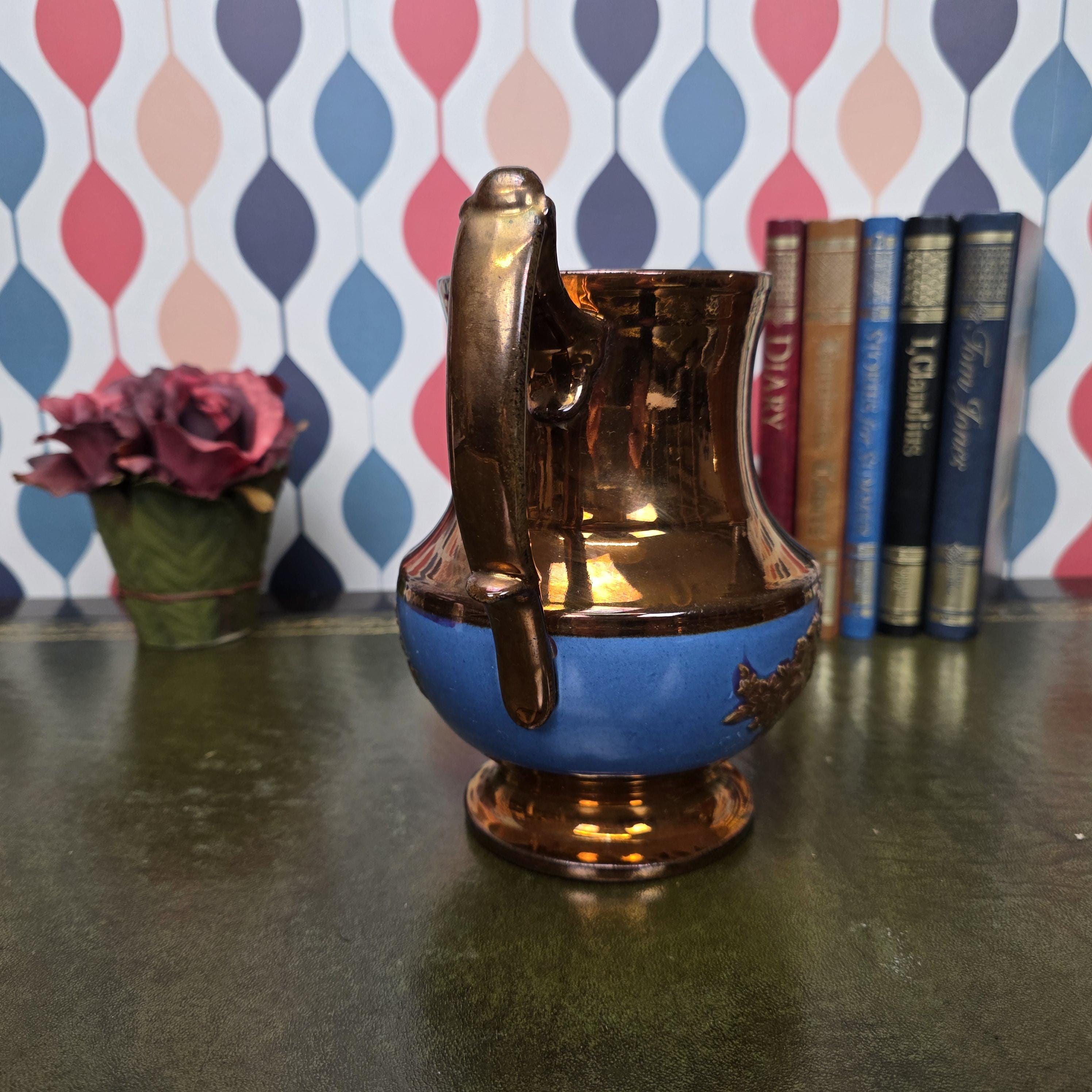 Vintage Ceramic Pitcher Bronze Glaze Relief Mask Spout Blue Band Decorative Jug Collectible Decor