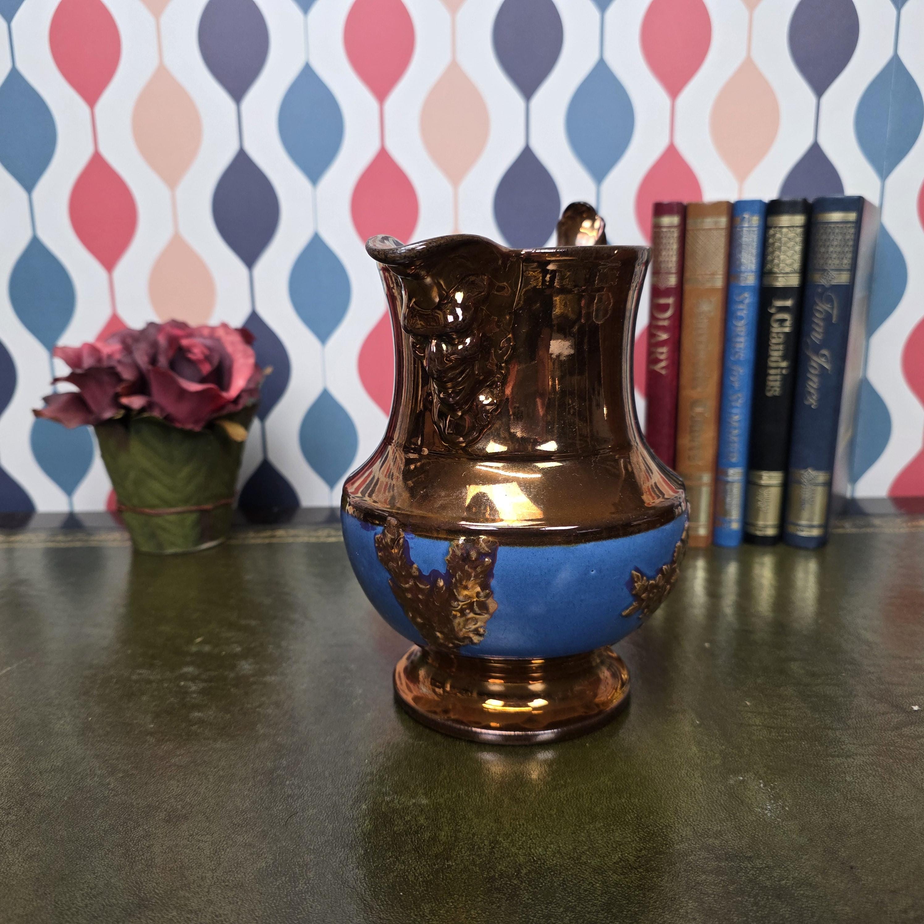 Vintage Ceramic Pitcher Bronze Glaze Relief Mask Spout Blue Band Decorative Jug Collectible Decor