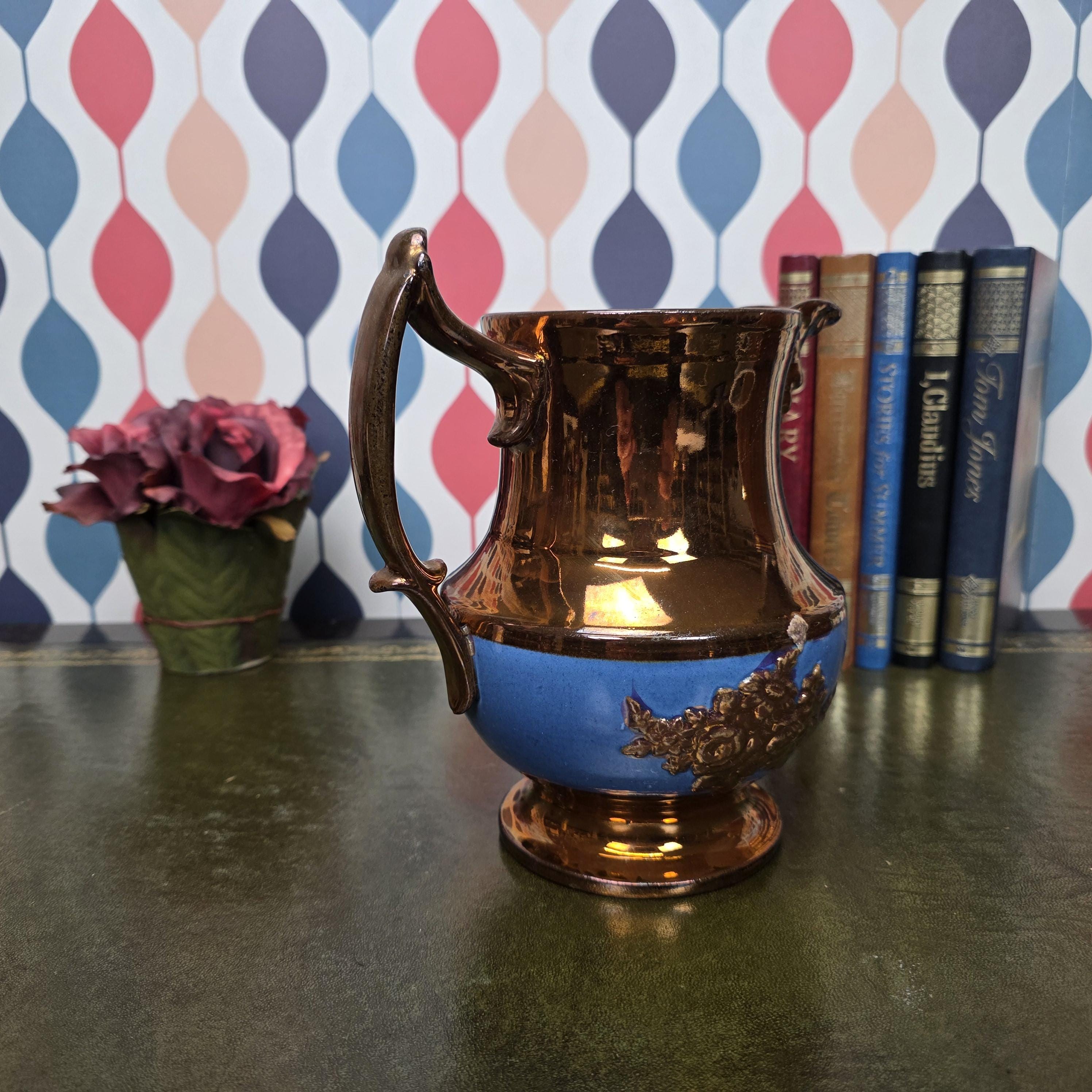 Vintage Ceramic Pitcher Bronze Glaze Relief Mask Spout Blue Band Decorative Jug Collectible Decor