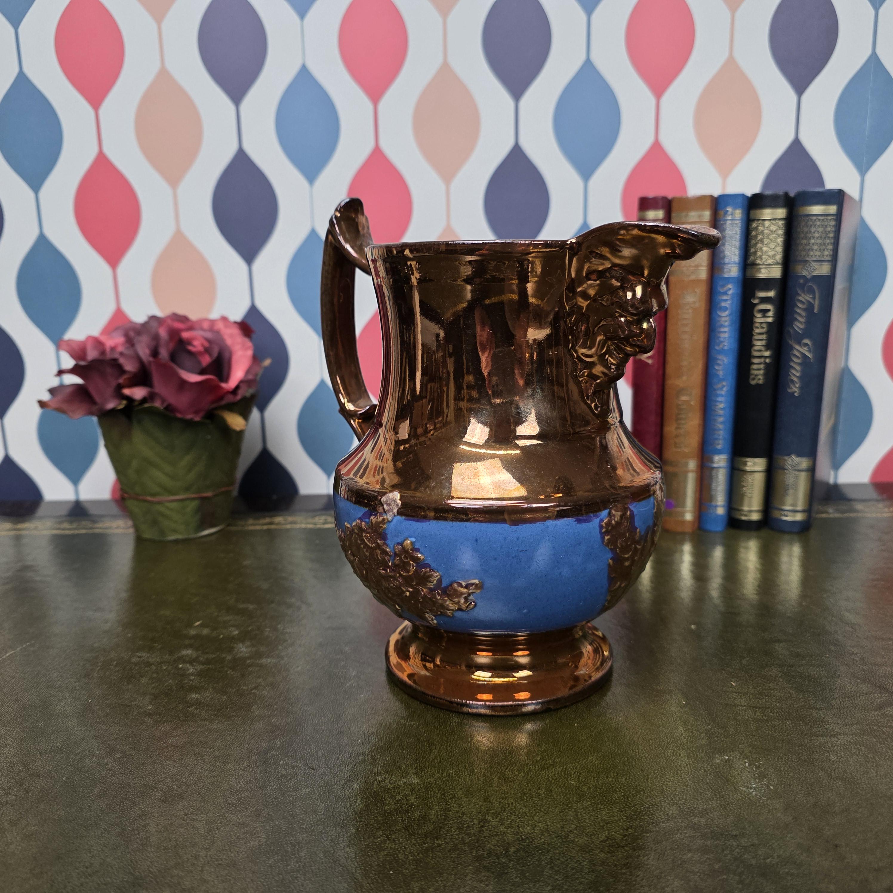 Vintage Ceramic Pitcher Bronze Glaze Relief Mask Spout Blue Band Decorative Jug Collectible Decor