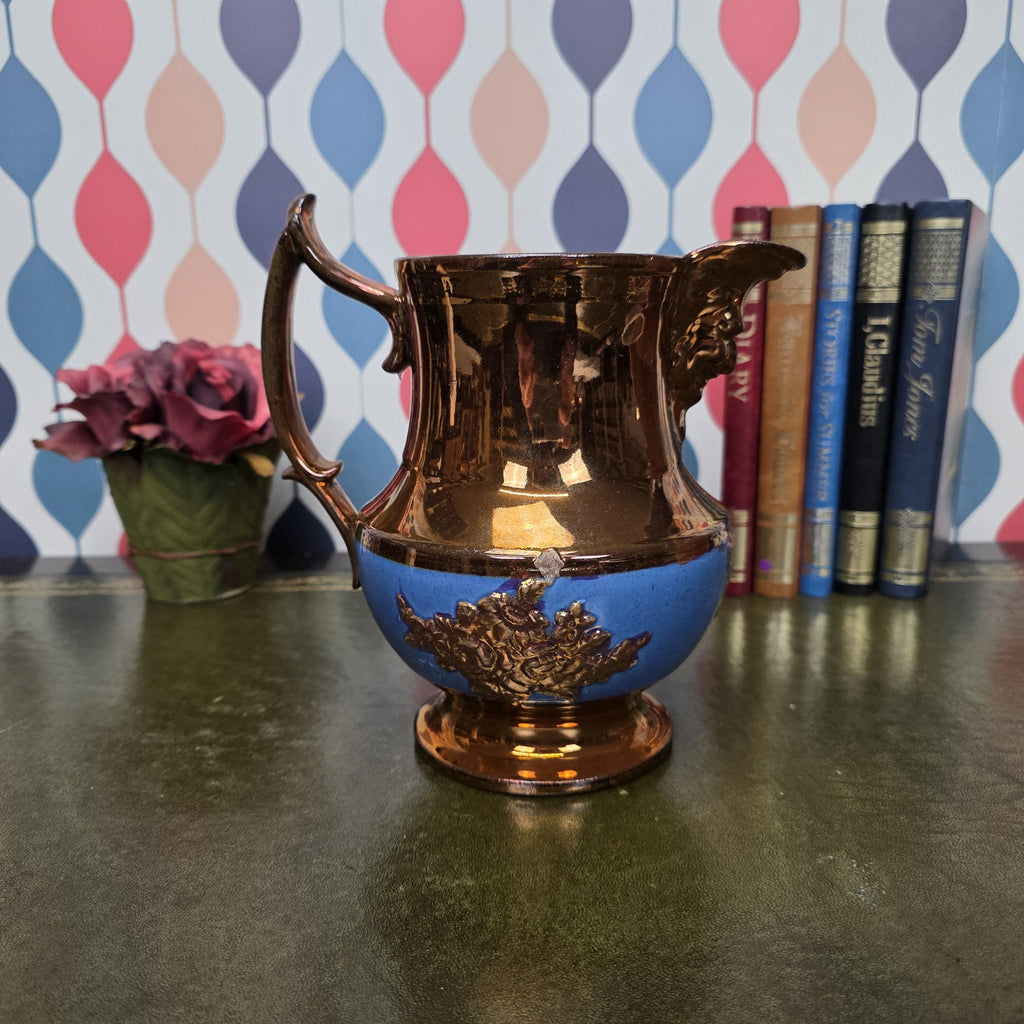 Vintage Ceramic Pitcher Bronze Glaze Relief Mask Spout Blue Band Decorative Jug Collectible Decor