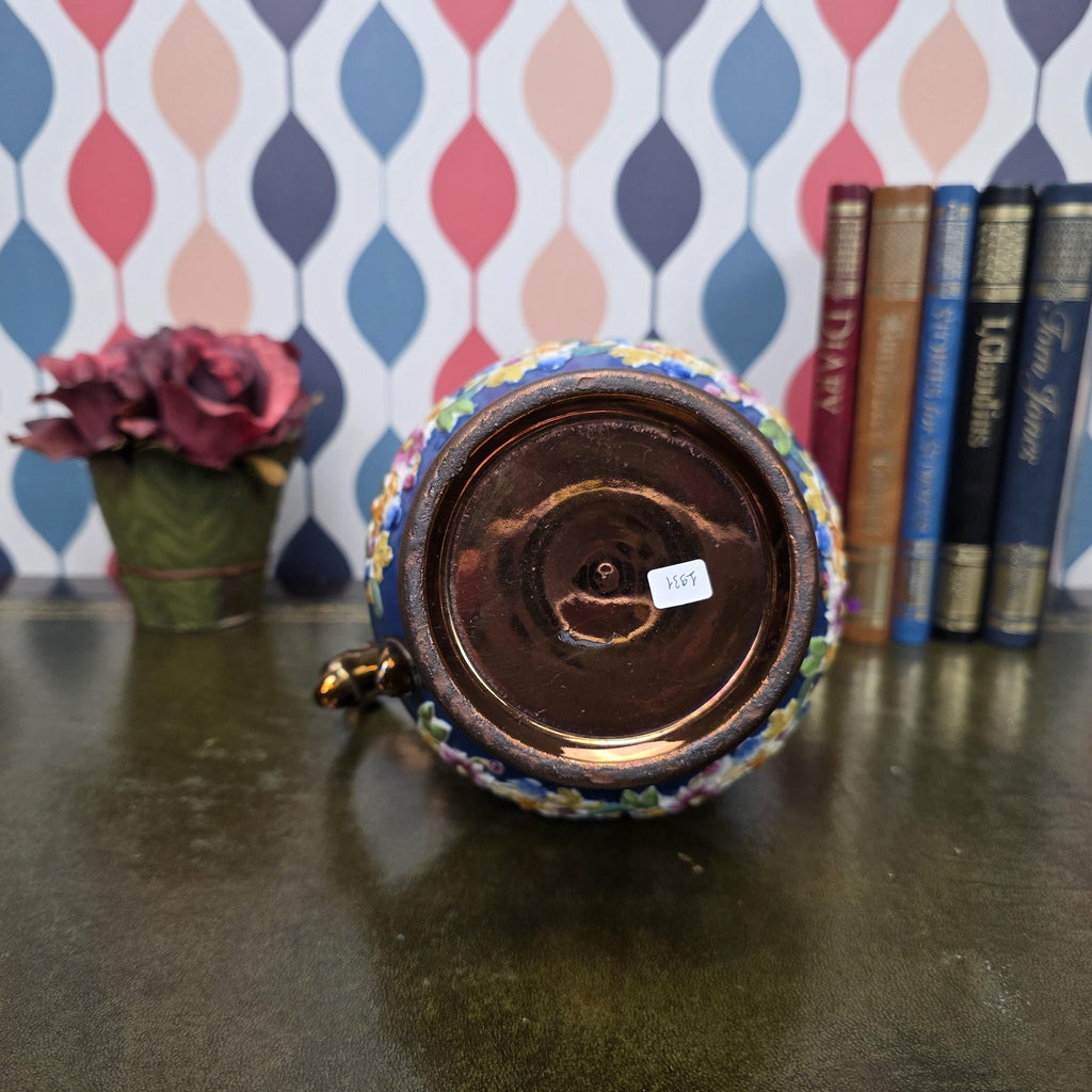 Vintage Ceramic Jug Copper Lustre Blue Band Floral Relief Pedestal Ewer Decorative Collectable