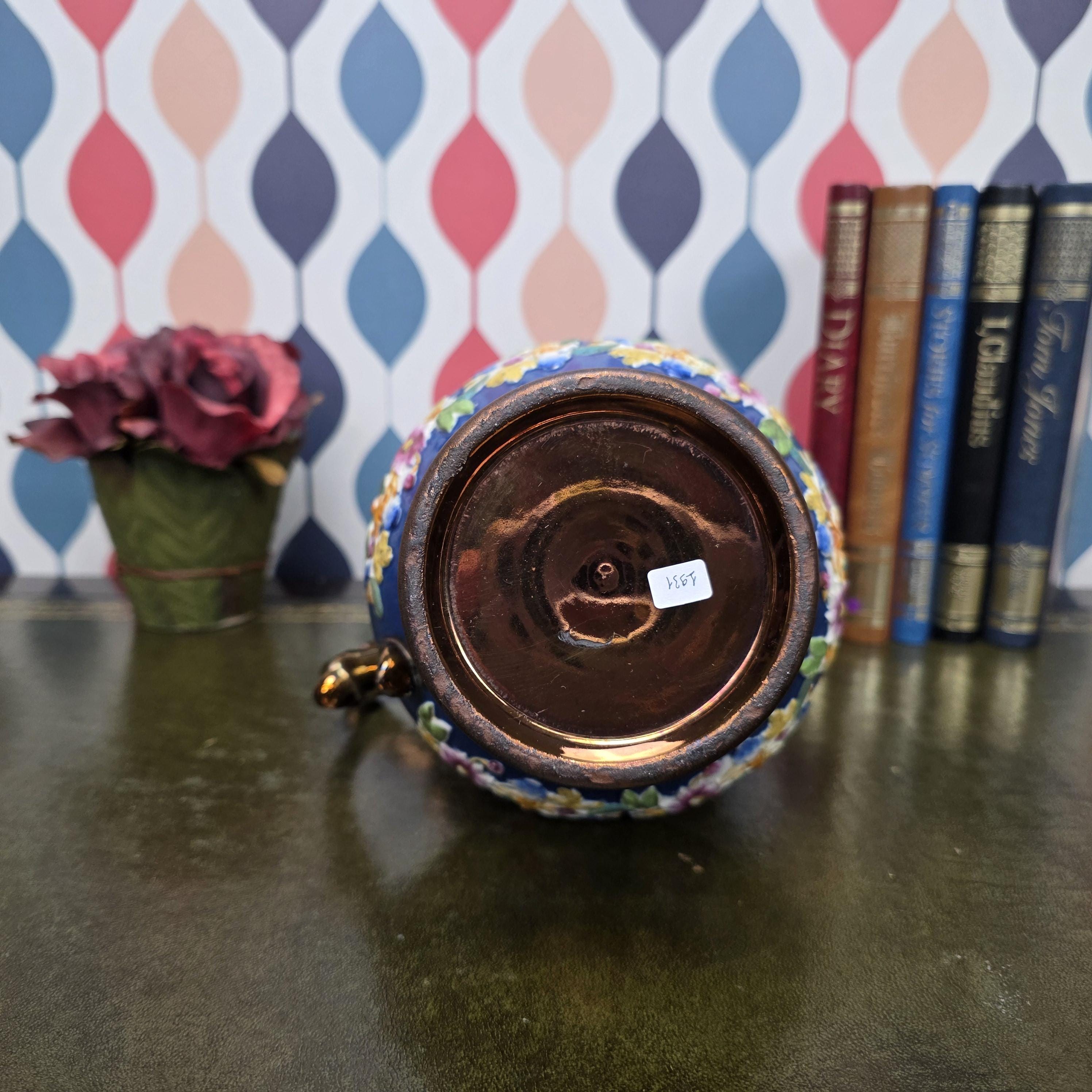 Vintage Ceramic Jug Copper Lustre Blue Band Floral Relief Pedestal Ewer Decorative Collectable
