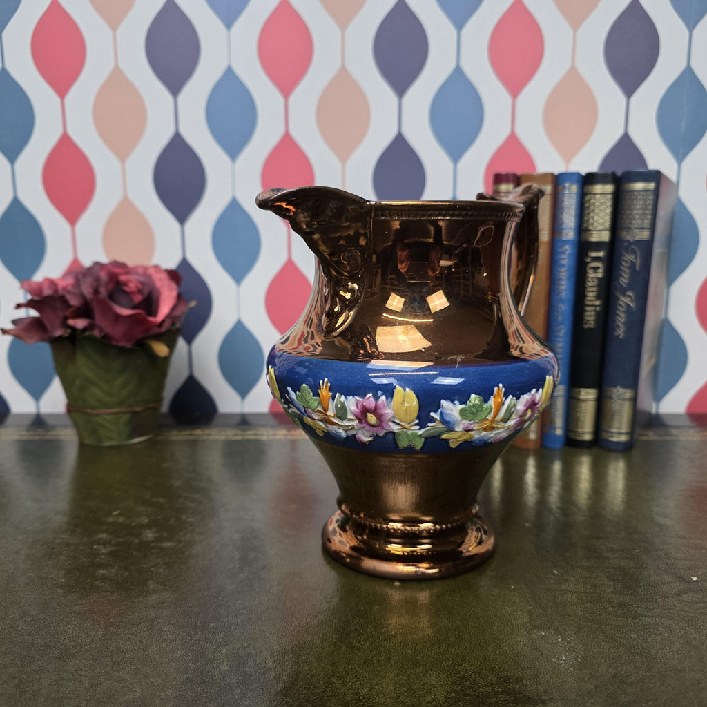 Vintage Ceramic Jug Copper Lustre Blue Band Floral Relief Pedestal Ewer Decorative Collectable