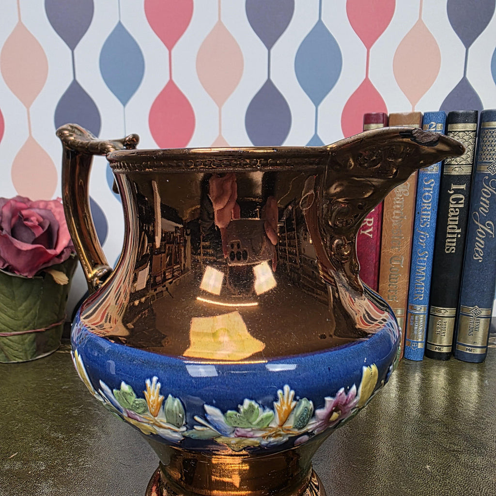 Vintage Ceramic Jug Copper Lustre Blue Band Floral Relief Pedestal Ewer Decorative Collectable