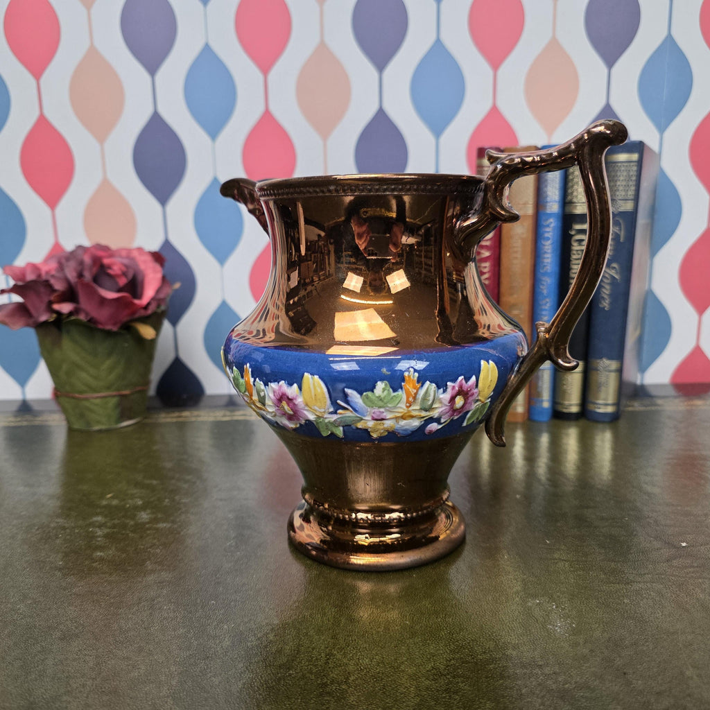 Vintage Ceramic Jug Copper Lustre Blue Band Floral Relief Pedestal Ewer Decorative Collectable