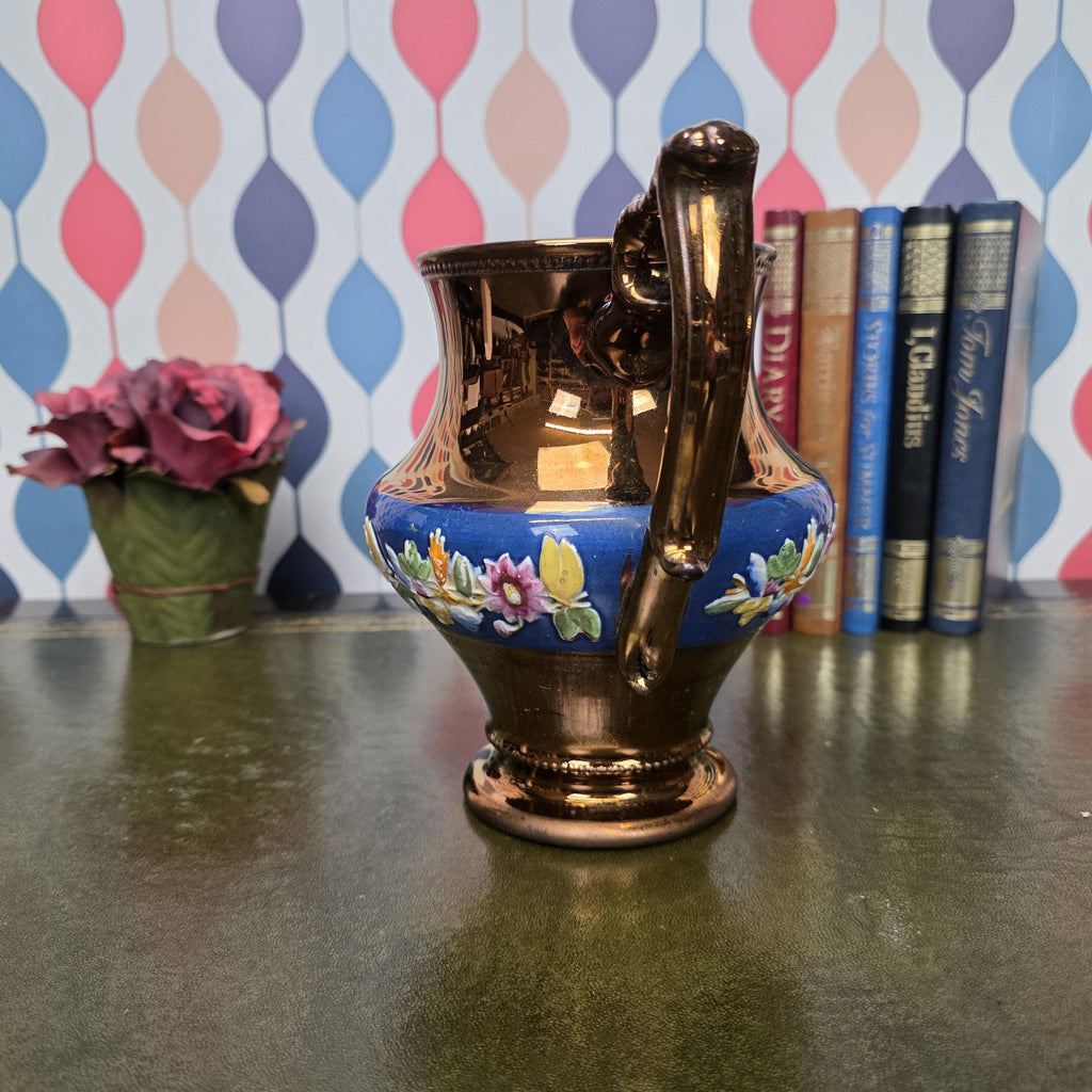 Vintage Ceramic Jug Copper Lustre Blue Band Floral Relief Pedestal Ewer Decorative Collectable