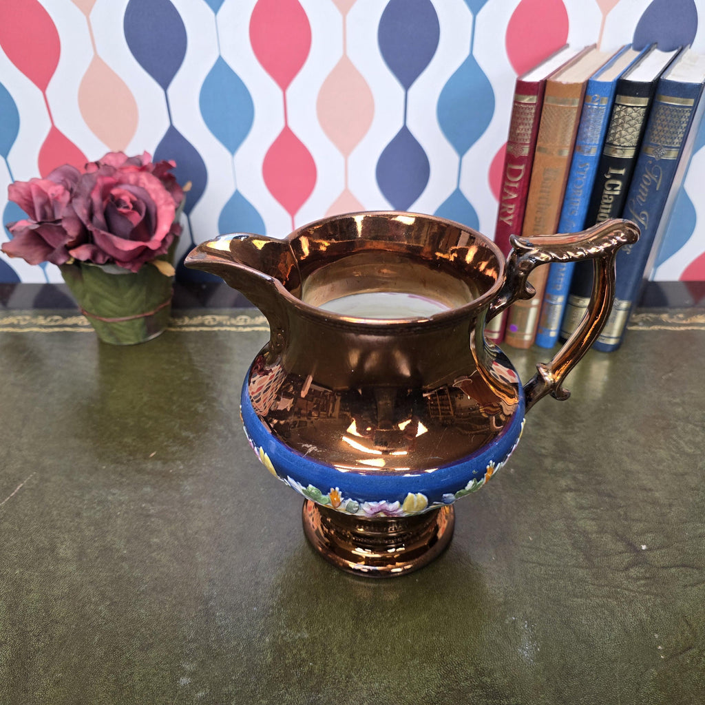 Vintage Ceramic Jug Copper Lustre Blue Band Floral Relief Pedestal Ewer Decorative Collectable