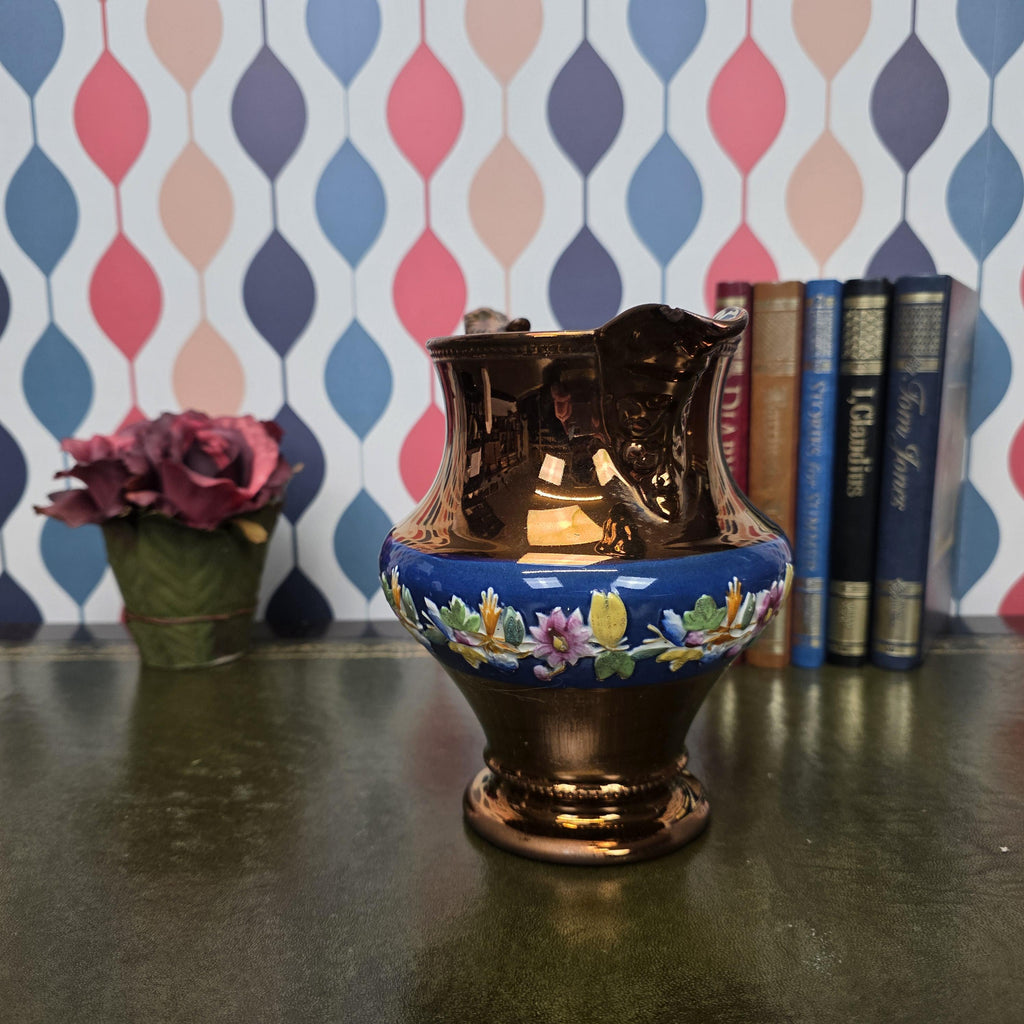 Vintage Ceramic Jug Copper Lustre Blue Band Floral Relief Pedestal Ewer Decorative Collectable