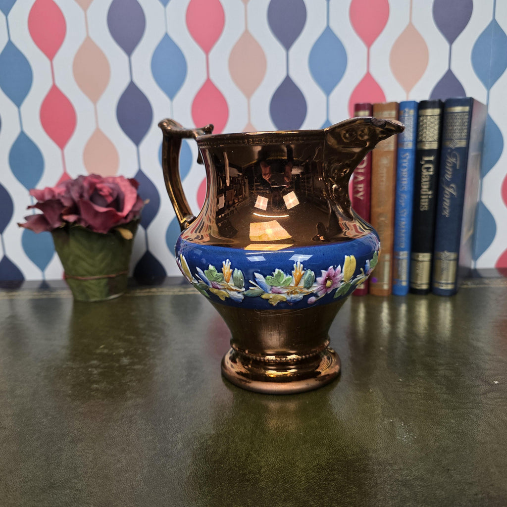 Vintage Ceramic Jug Copper Lustre Blue Band Floral Relief Pedestal Ewer Decorative Collectable