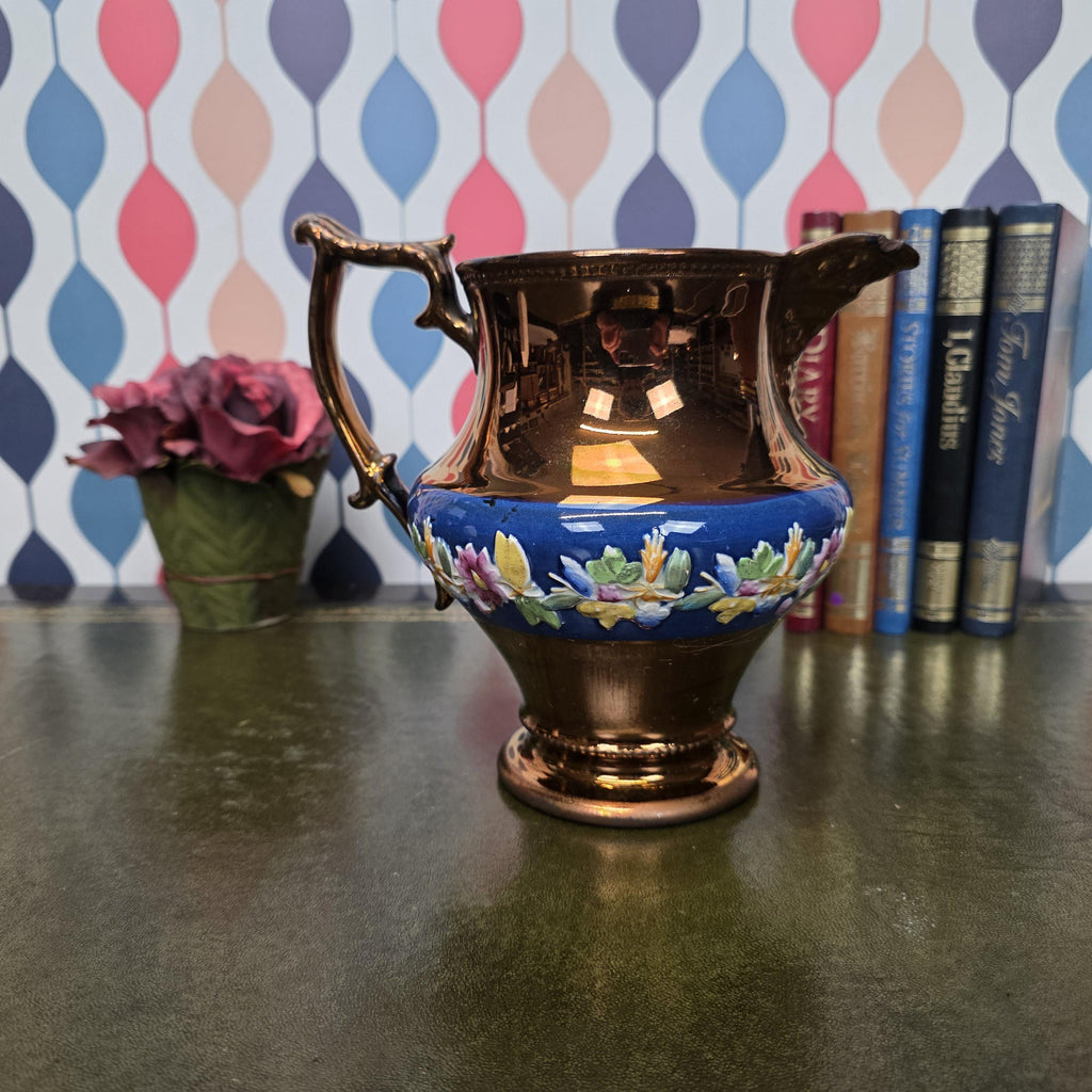 Vintage Ceramic Jug Copper Lustre Blue Band Floral Relief Pedestal Ewer Decorative Collectable