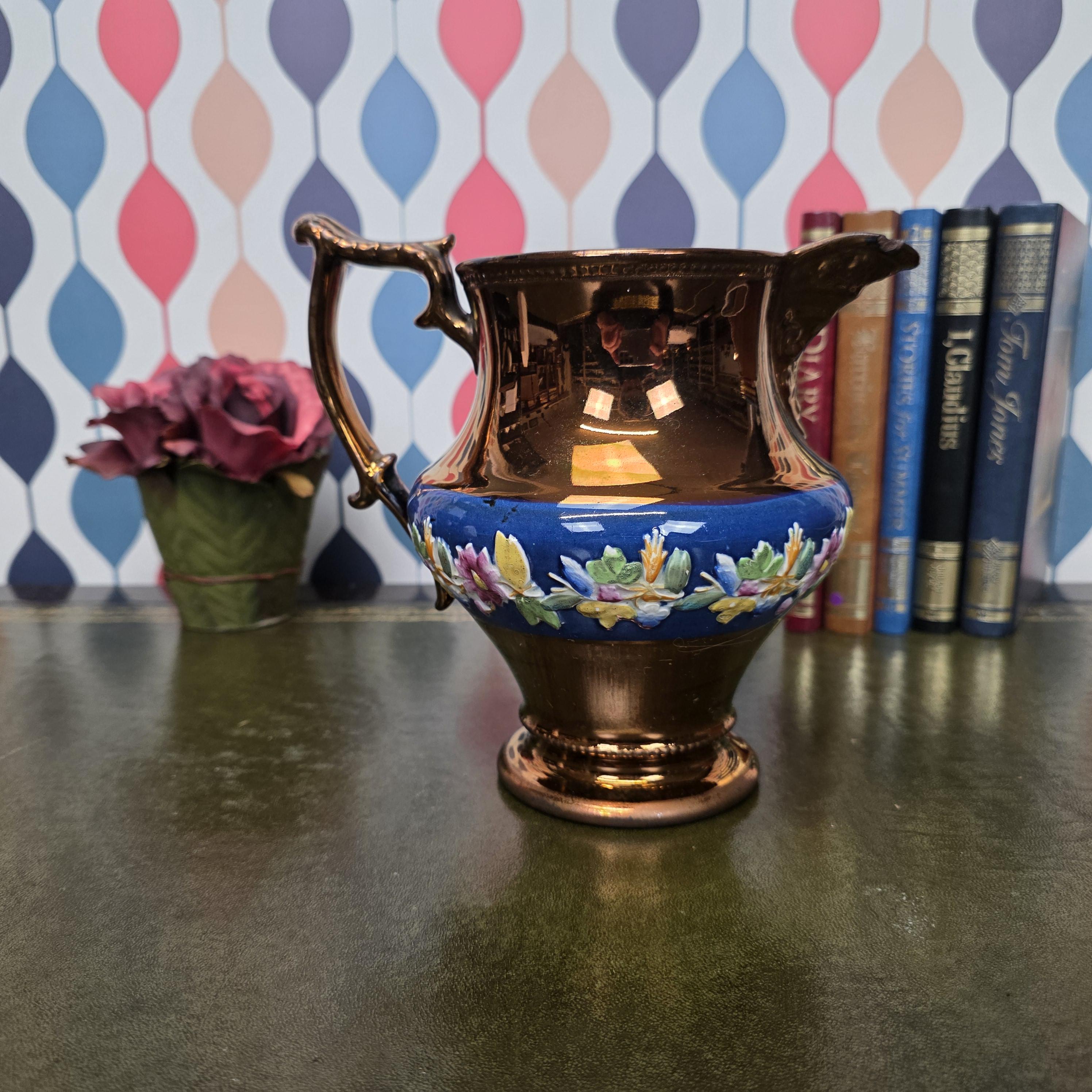 Vintage Ceramic Jug Copper Lustre Blue Band Floral Relief Pedestal Ewer Decorative Collectable