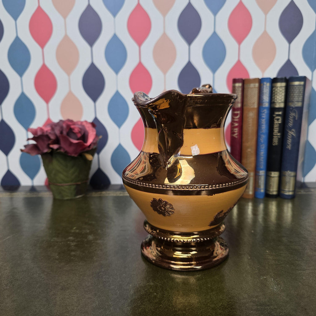 Vintage Ceramic Pitcher Copper Glaze Two Tone Relief Motif Pedestal Jug Collectible Home Decor