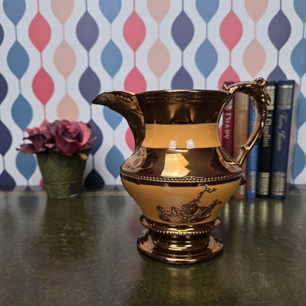 Vintage Ceramic Pitcher Copper Glaze Two Tone Relief Motif Pedestal Jug Collectible Home Decor