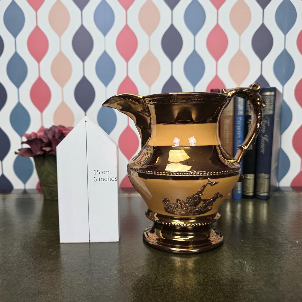Vintage Ceramic Pitcher Copper Glaze Two Tone Relief Motif Pedestal Jug Collectible Home Decor