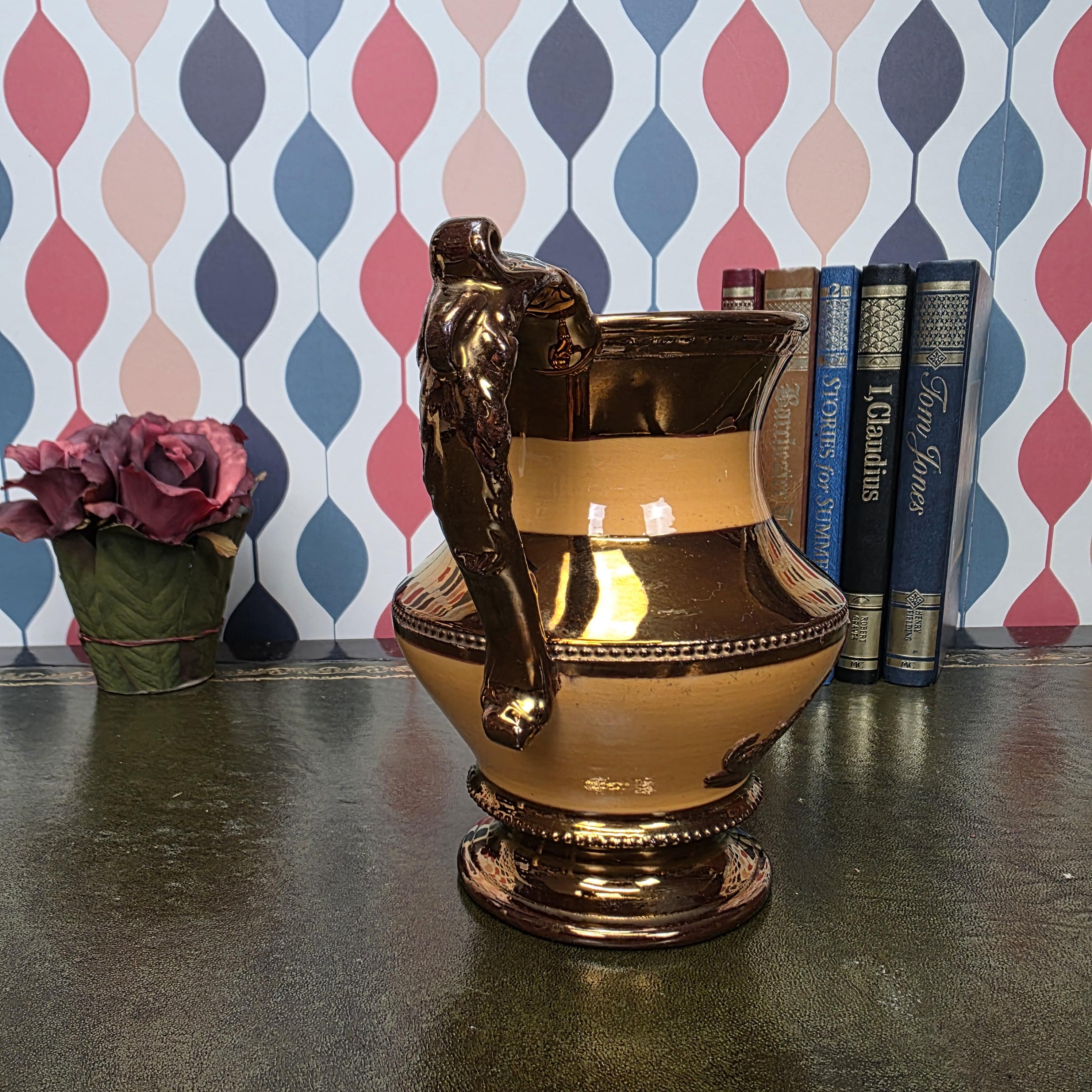 Vintage Ceramic Pitcher Copper Glaze Two Tone Relief Motif Pedestal Jug Collectible Home Decor