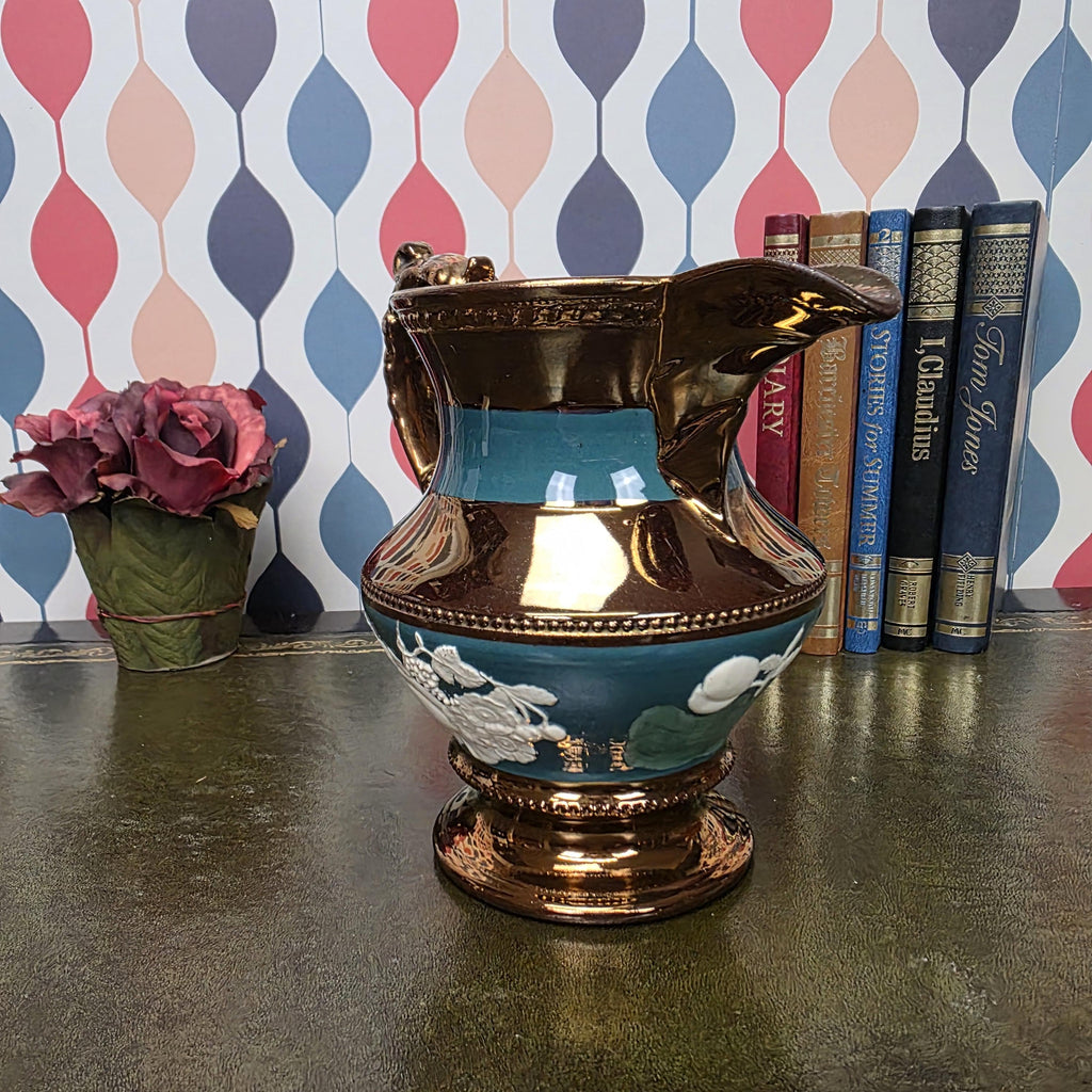 Vintage Copper Lustre Ceramic Pitcher Teal Band Relief Fruit Motif Pedestal Ewer Decorative Collectible