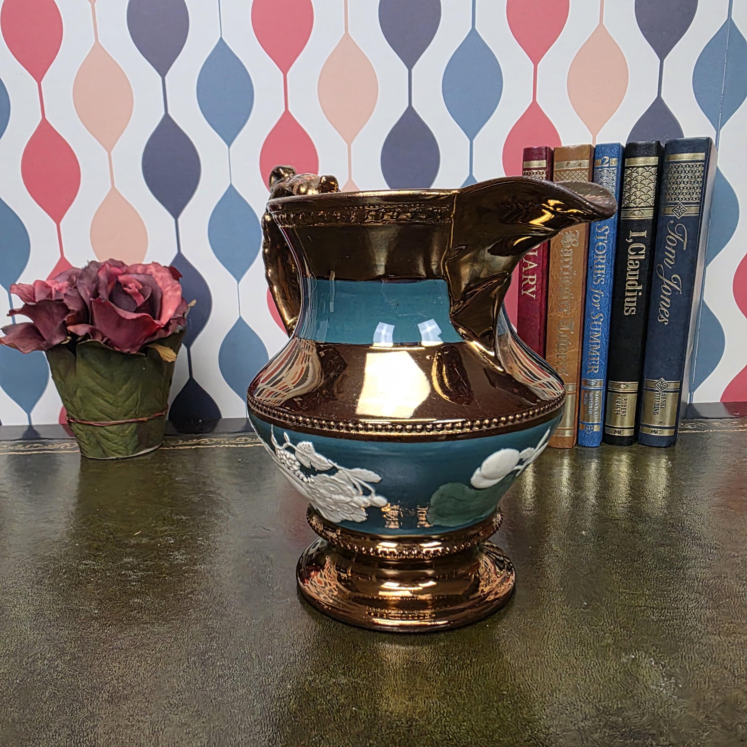 Vintage Copper Lustre Ceramic Pitcher Teal Band Relief Fruit Motif Pedestal Ewer Decorative Collectible