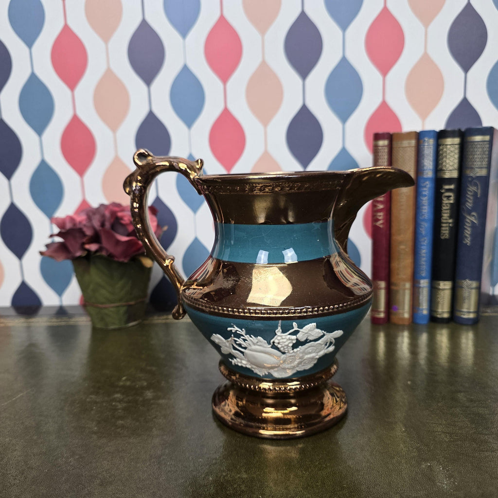 Vintage Copper Lustre Ceramic Pitcher Teal Band Relief Fruit Motif Pedestal Ewer Decorative Collectible