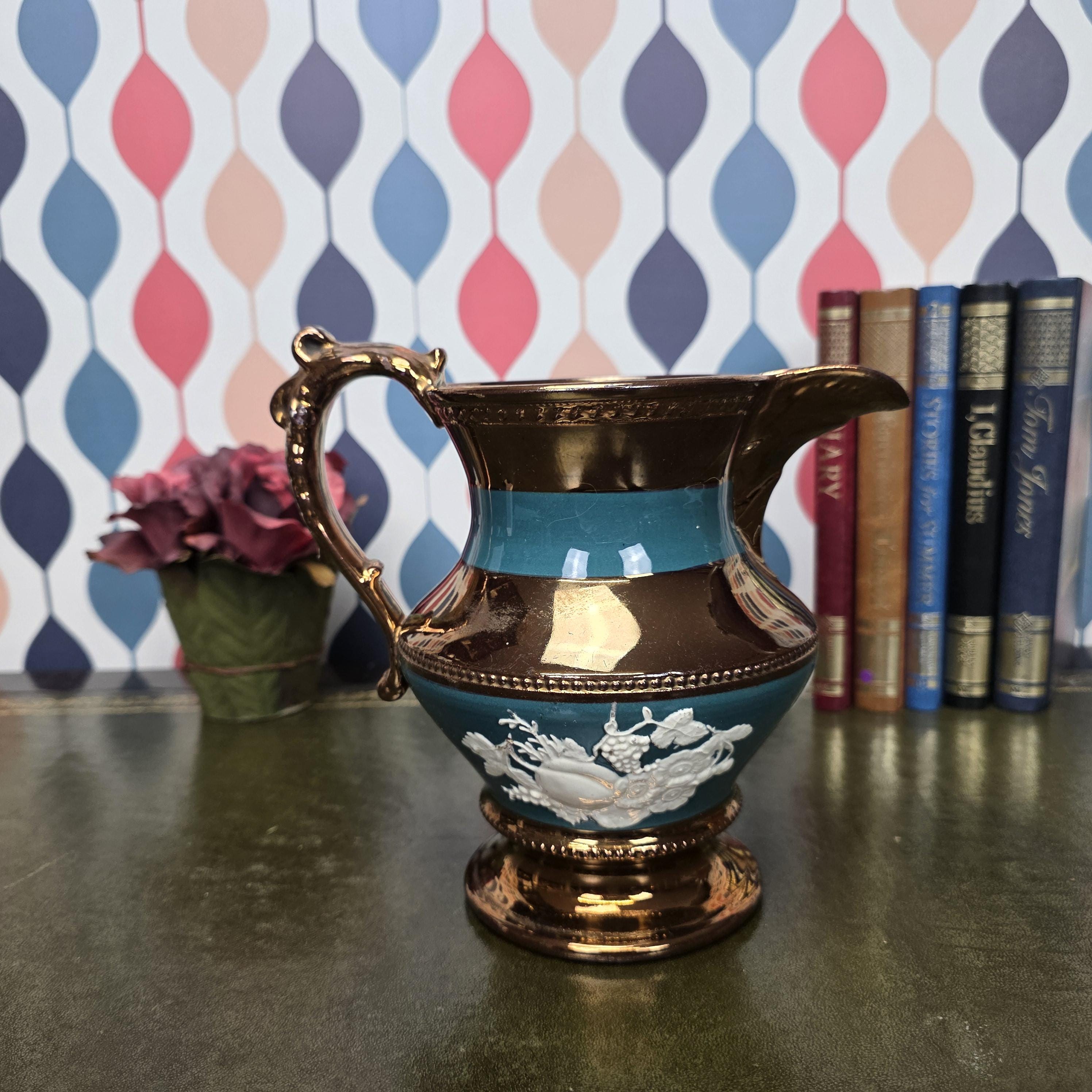 Vintage Copper Lustre Ceramic Pitcher Teal Band Relief Fruit Motif Pedestal Ewer Decorative Collectible