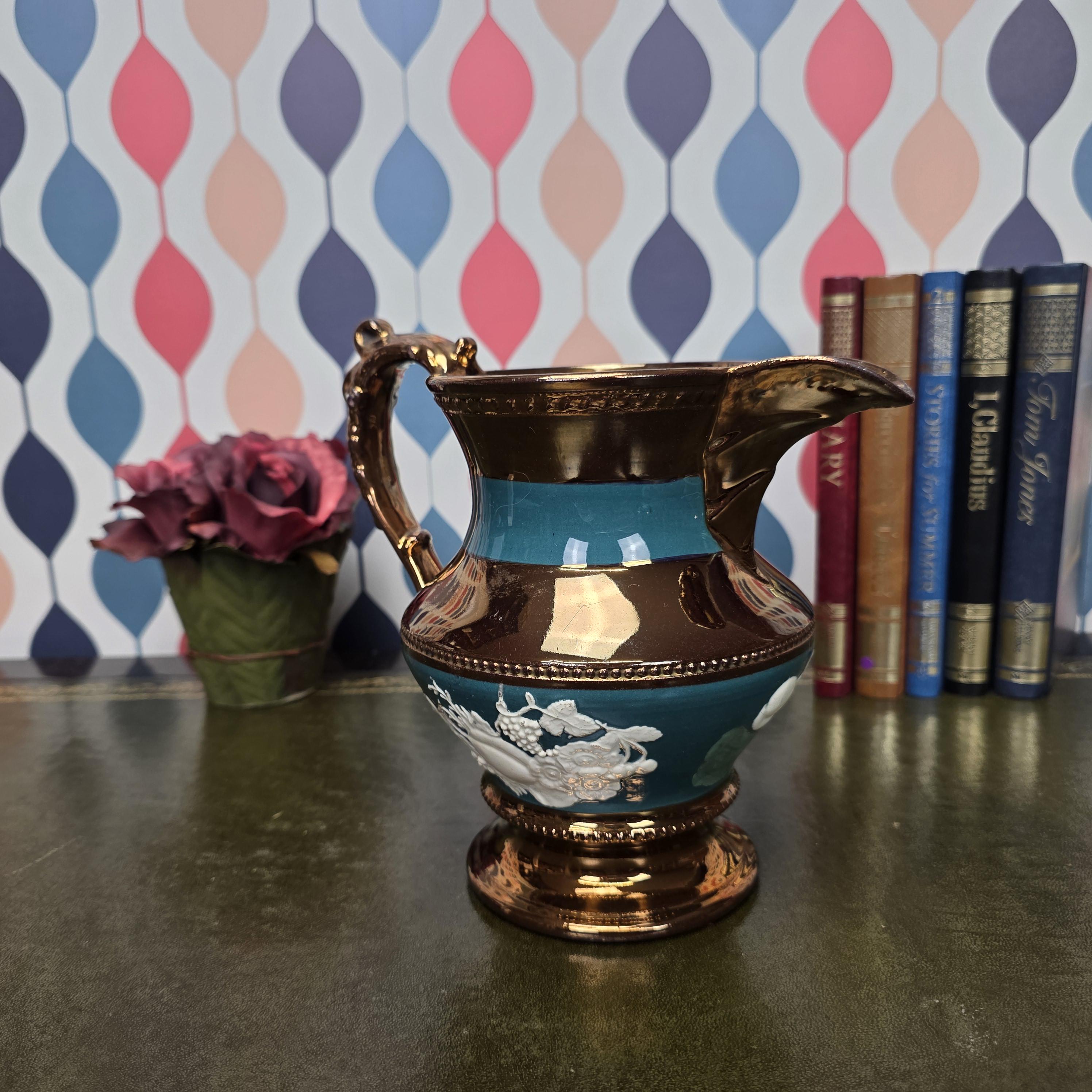 Vintage Copper Lustre Ceramic Pitcher Teal Band Relief Fruit Motif Pedestal Ewer Decorative Collectible