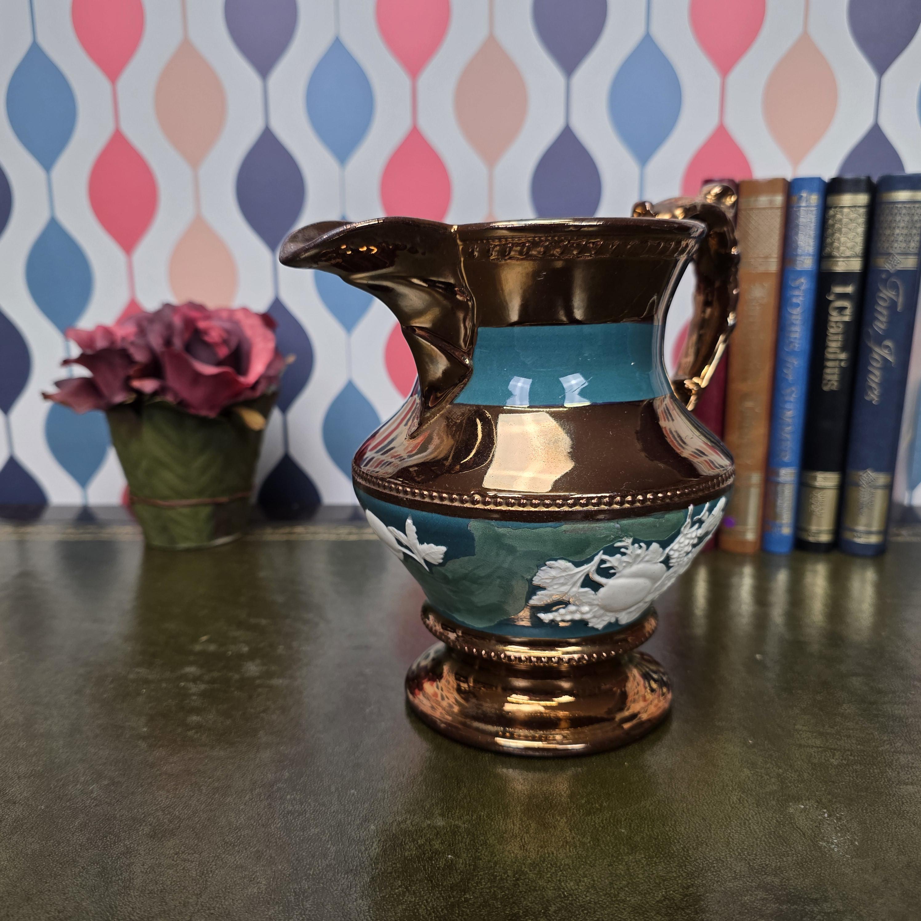 Vintage Copper Lustre Ceramic Pitcher Teal Band Relief Fruit Motif Pedestal Ewer Decorative Collectible