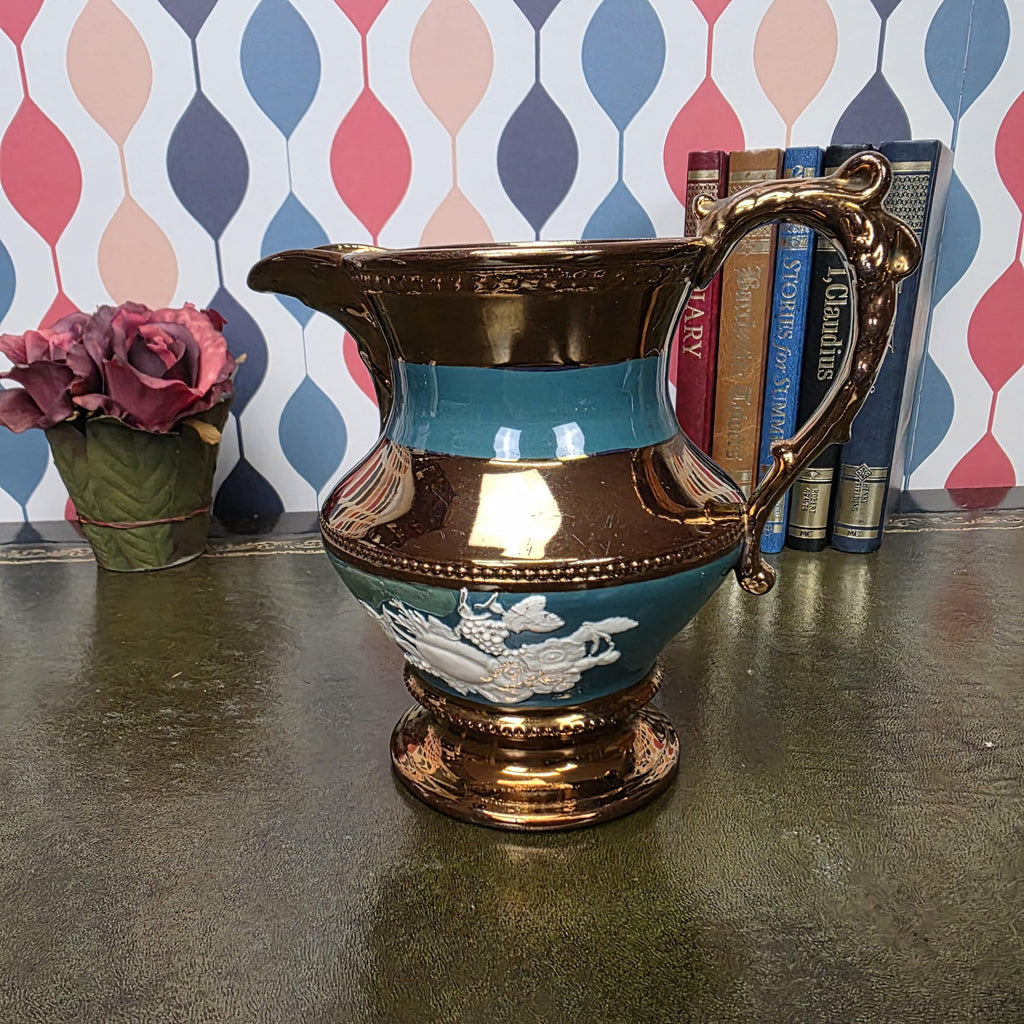 Vintage Copper Lustre Ceramic Pitcher Teal Band Relief Fruit Motif Pedestal Ewer Decorative Collectible
