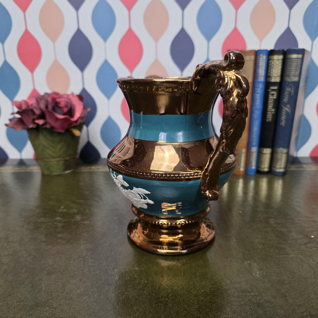 Vintage Copper Lustre Ceramic Pitcher Teal Band Relief Fruit Motif Pedestal Ewer Decorative Collectible