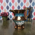 Vintage Copper Lustre Ceramic Pitcher Teal Band Relief Fruit Motif Pedestal Ewer Decorative Collectible