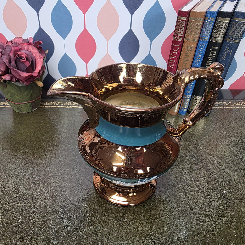 Vintage Copper Lustre Ceramic Pitcher Teal Band Relief Fruit Motif Pedestal Ewer Decorative Collectible