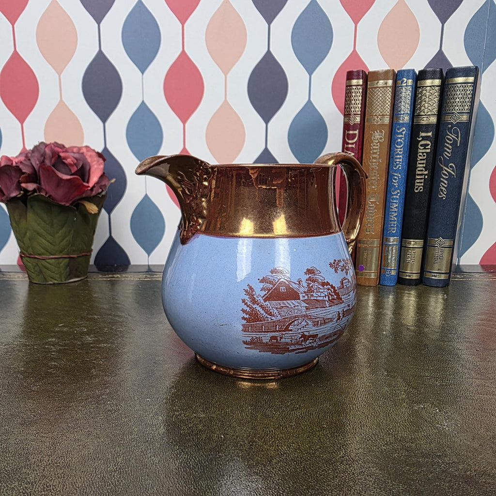 Vintage Copper Lustre Pitcher Blue Transferware Landscape Scene Ceramic Jug English Style Collectible