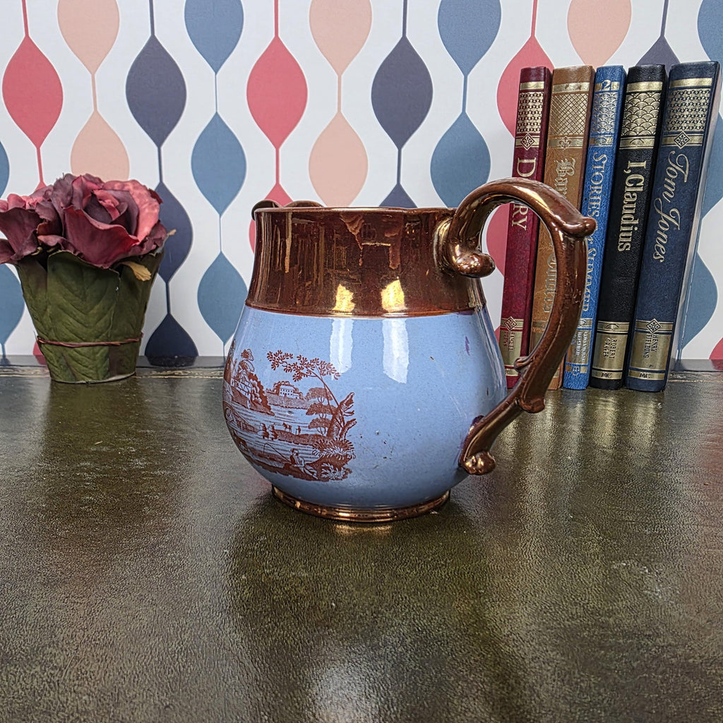 Vintage Copper Lustre Pitcher Blue Transferware Landscape Scene Ceramic Jug English Style Collectible