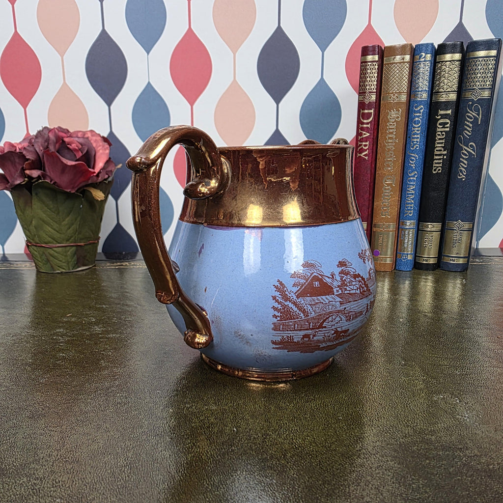 Vintage Copper Lustre Pitcher Blue Transferware Landscape Scene Ceramic Jug English Style Collectible