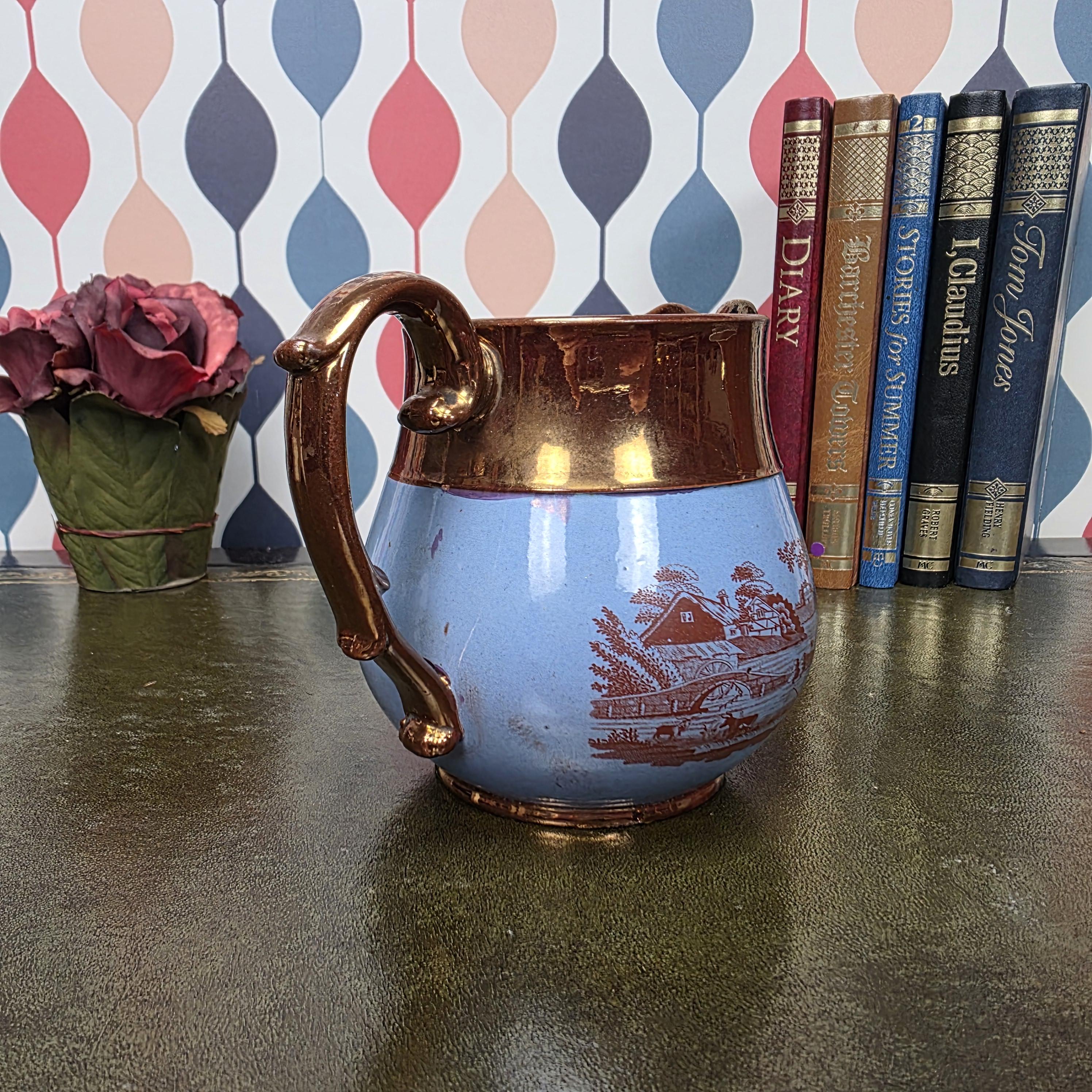 Vintage Copper Lustre Pitcher Blue Transferware Landscape Scene Ceramic Jug English Style Collectible