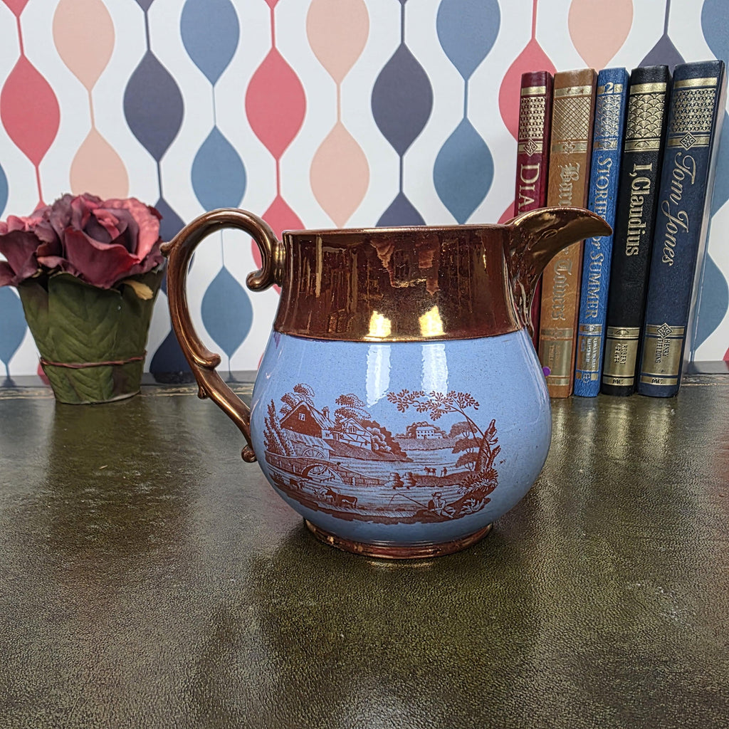Vintage Copper Lustre Pitcher Blue Transferware Landscape Scene Ceramic Jug English Style Collectible