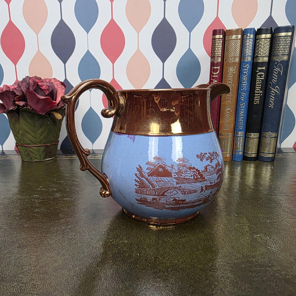 Vintage Copper Lustre Pitcher Blue Transferware Landscape Scene Ceramic Jug English Style Collectible