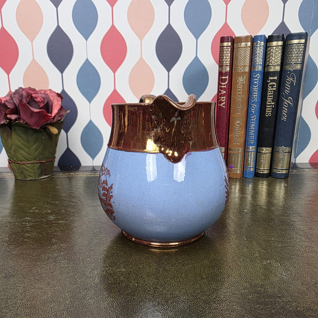 Vintage Copper Lustre Pitcher Blue Transferware Landscape Scene Ceramic Jug English Style Collectible