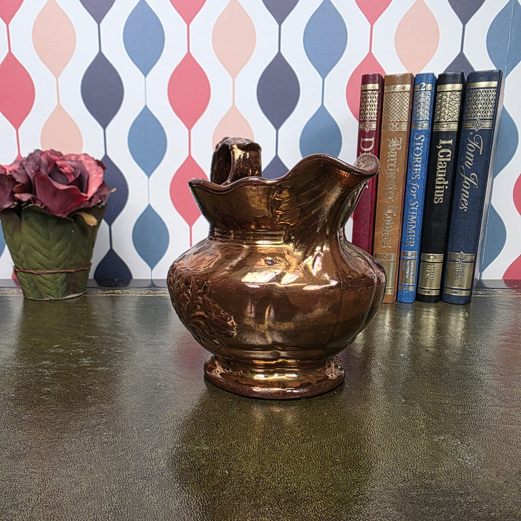 Vintage Copper Lustre Pitcher Embossed Floral Ceramic Jug Antique Style Decorative Collectible Rustic Farmhouse