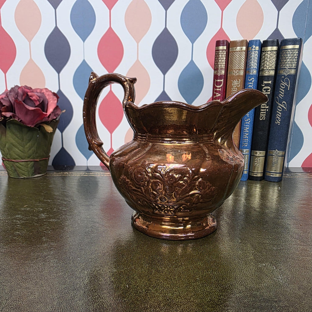 Vintage Copper Lustre Pitcher Embossed Floral Ceramic Jug Antique Style Decorative Collectible Rustic Farmhouse