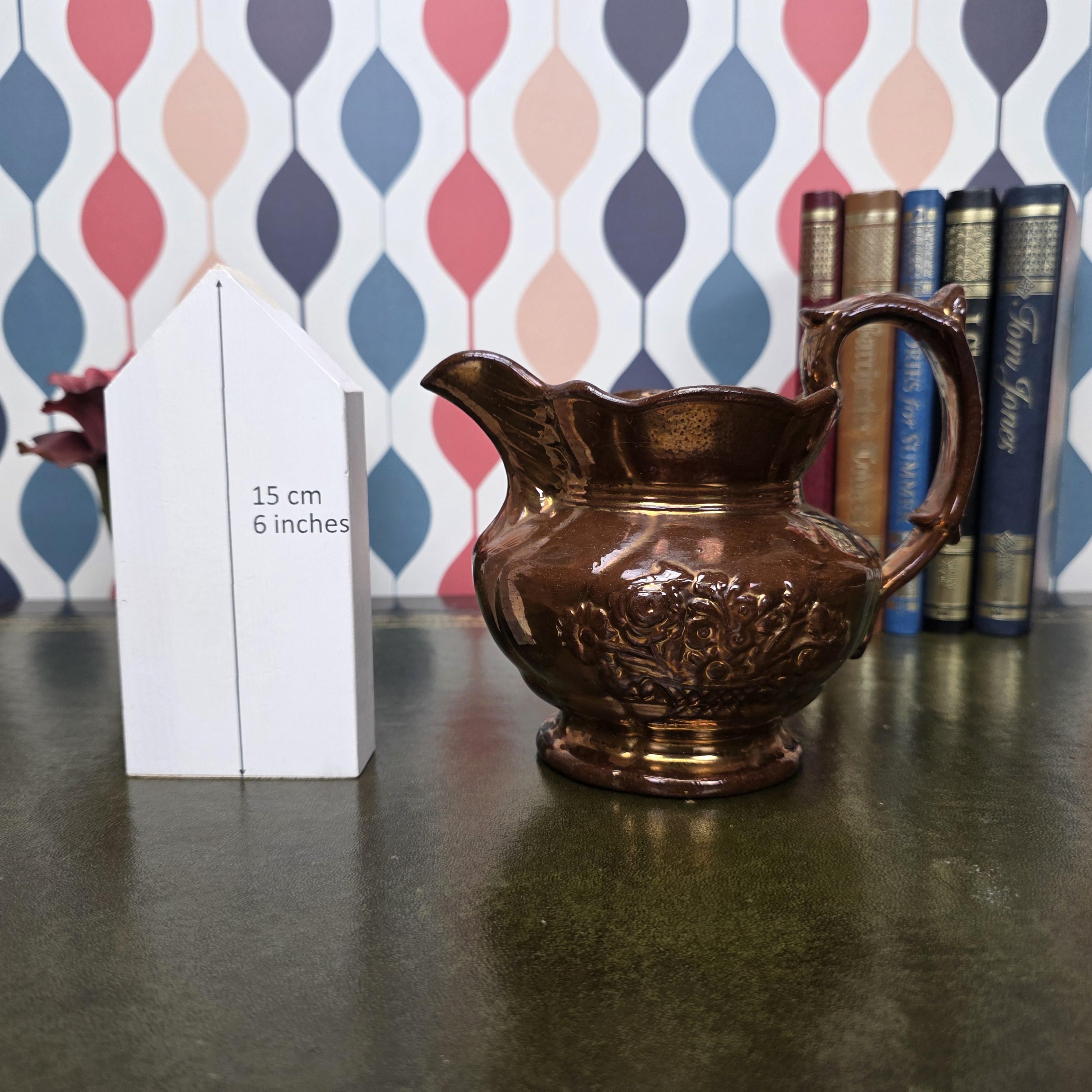 Vintage Copper Lustre Pitcher Embossed Floral Ceramic Jug Antique Style Decorative Collectible Rustic Farmhouse
